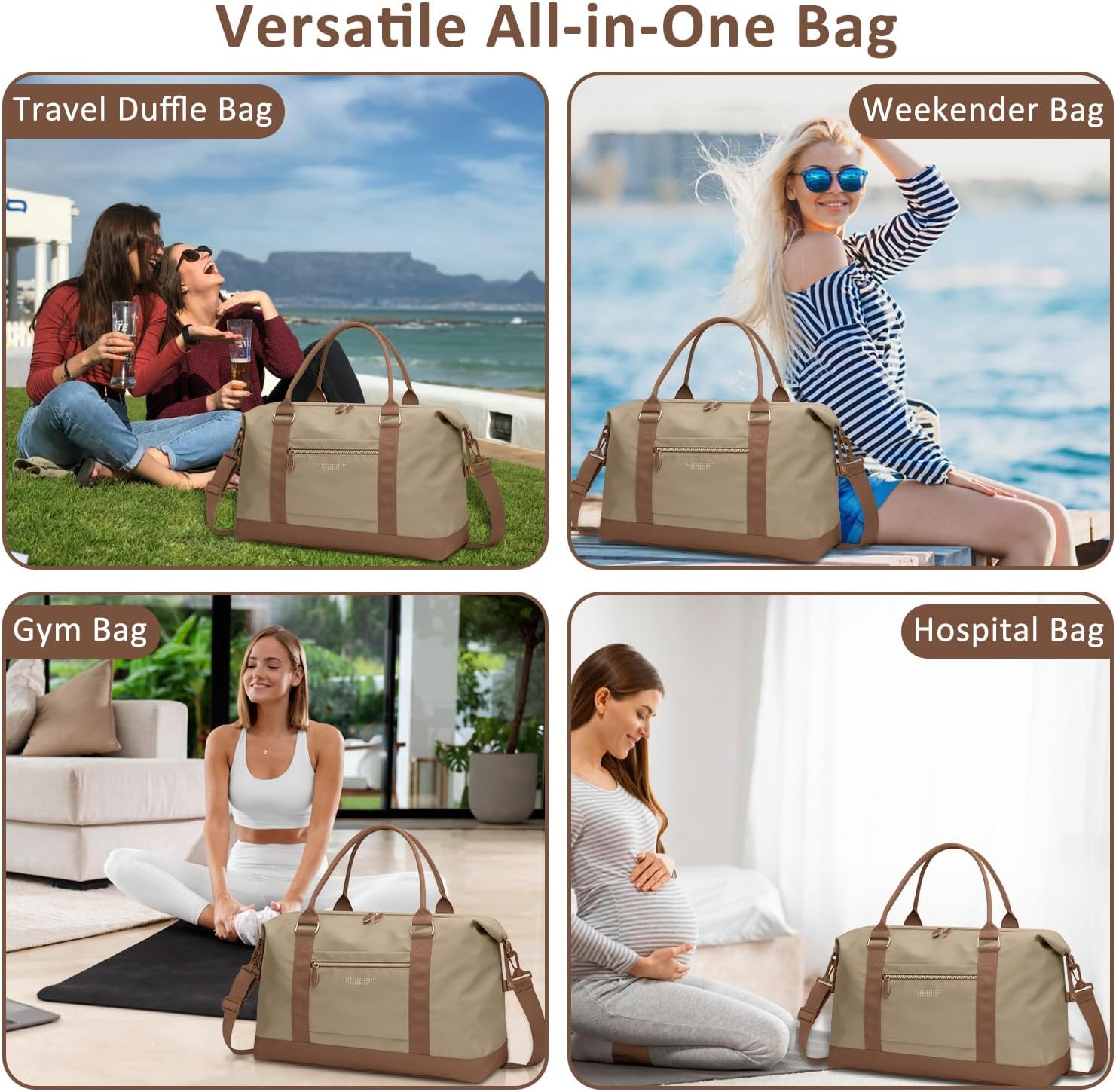 Travel Duffle Bag for Women, Weekender Bags, Hospital Bag for Labor Delivery, Lightweight Tote Duffel Overnight Bag with Luggage Sleeve, Airplane Travel Bags with Toiletry Bag, Large, Khaki - Image 6