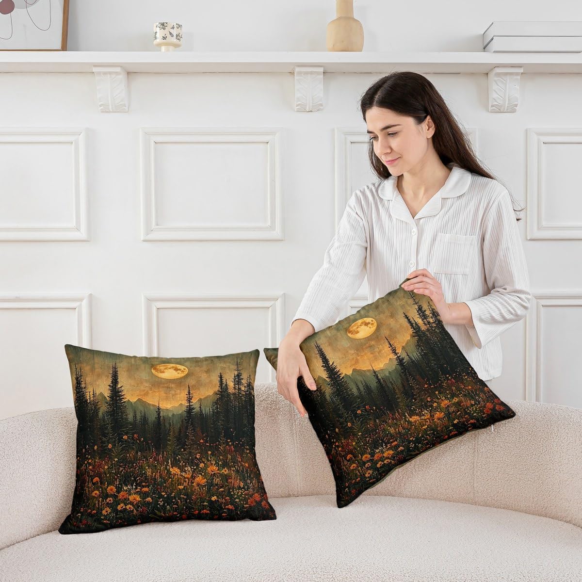 Erosebridal Full Moon Throw Pillow Cover 24x24 Vintage Moonlit Cushion Cover Pine Tree Mountains Wildflowers Cushion Case Woodland Nature Landscape Decorative Pillowcase