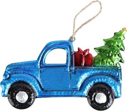 Christmas Pickup Truck Ornament Iron and Glass Pickup Truck Hanging Decoration Carrying Xmas Trees Car Keepsake Vintage Farmhouse Home Decor Random Car Toward