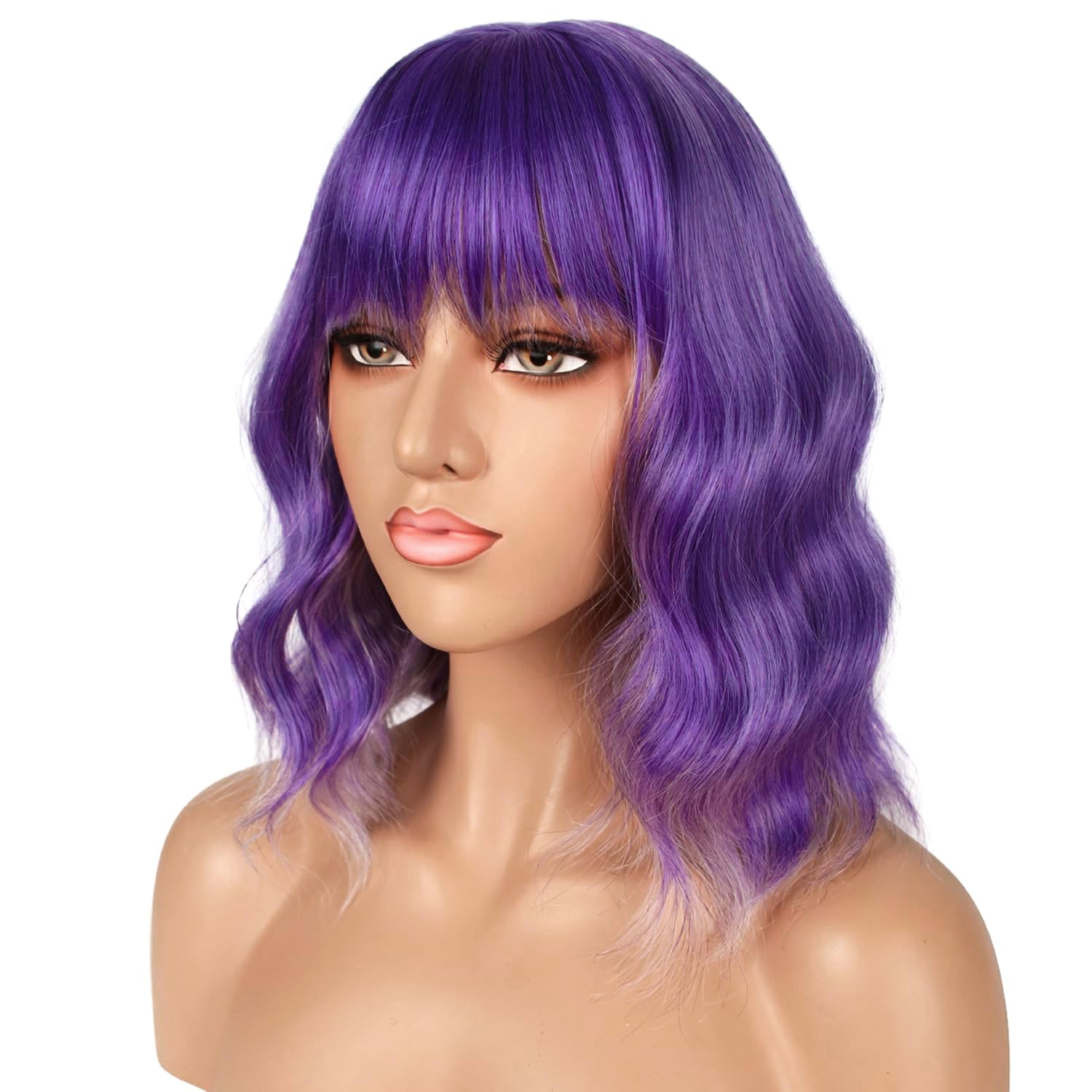 Colorfulpanda Short Bob Dark Purple Wigs for Women Shoulder Length Wavy Curly Wig with Fringe Natural Synthetic Heat Resistant Hair Wig Daily Party wig 14 Inch - Image 3