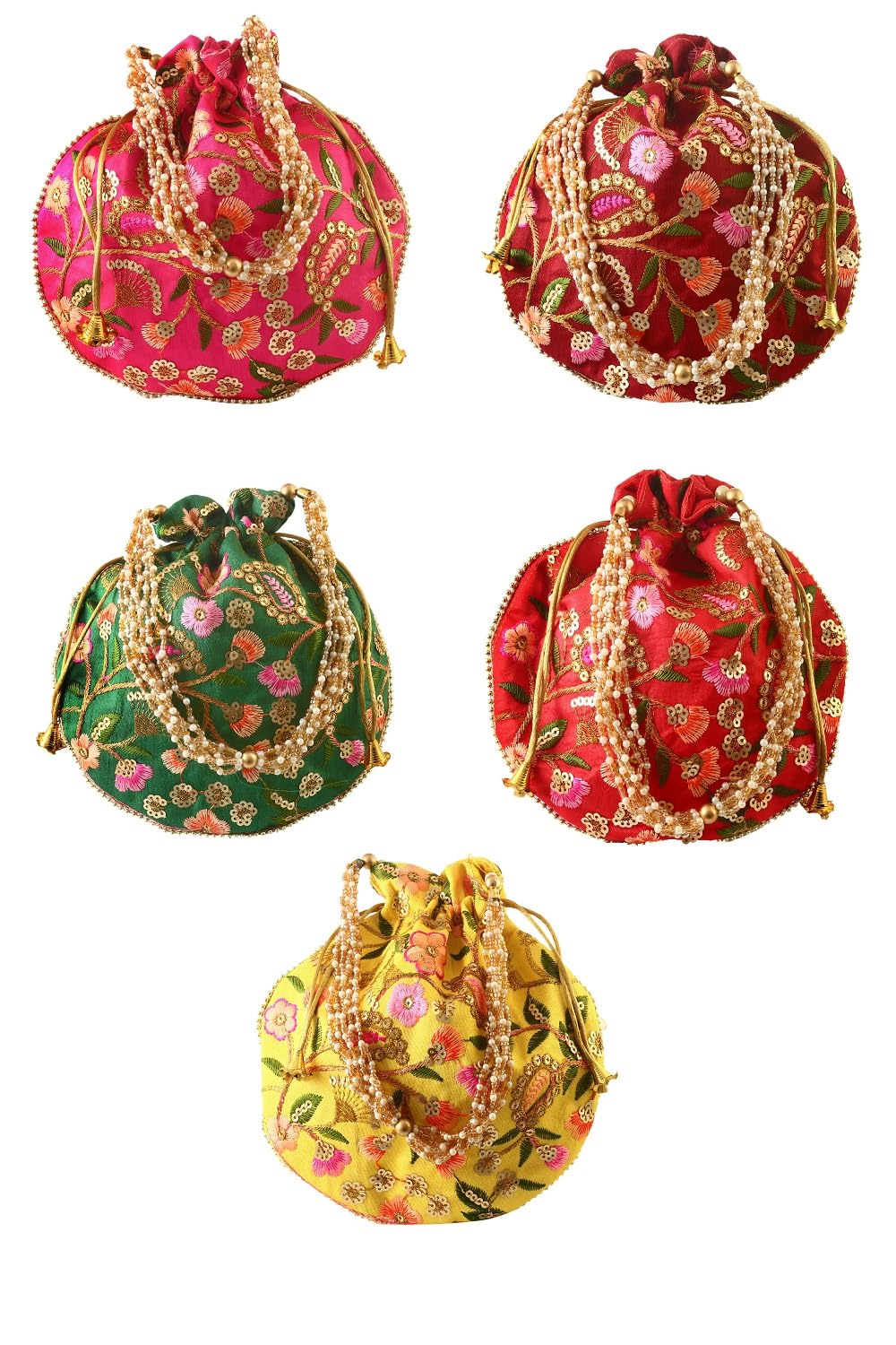 Rajasthani Look Women's Fashion Handmade Handbag Wristlets Ethnic Bridal Potli Batwa Bag Combo (PACK OF 5 PAAN DESIGN IN PASTEL COLORS)