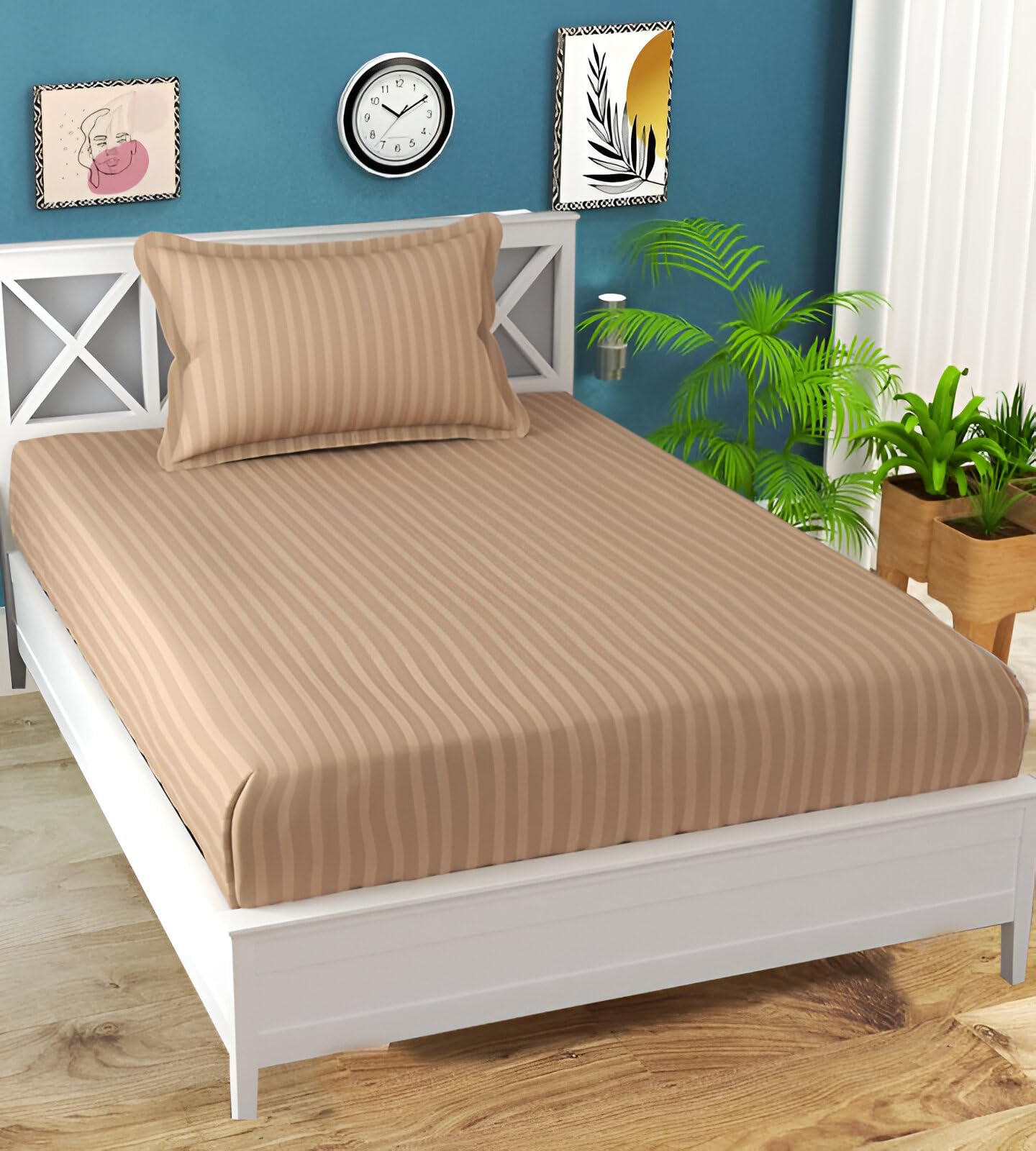 STARNSTYLE 220 Cotton Feel Glace Cotton 1 Single Bedsheet with 1 Pillow Cover (90X60 Inch) Beige-image-31
