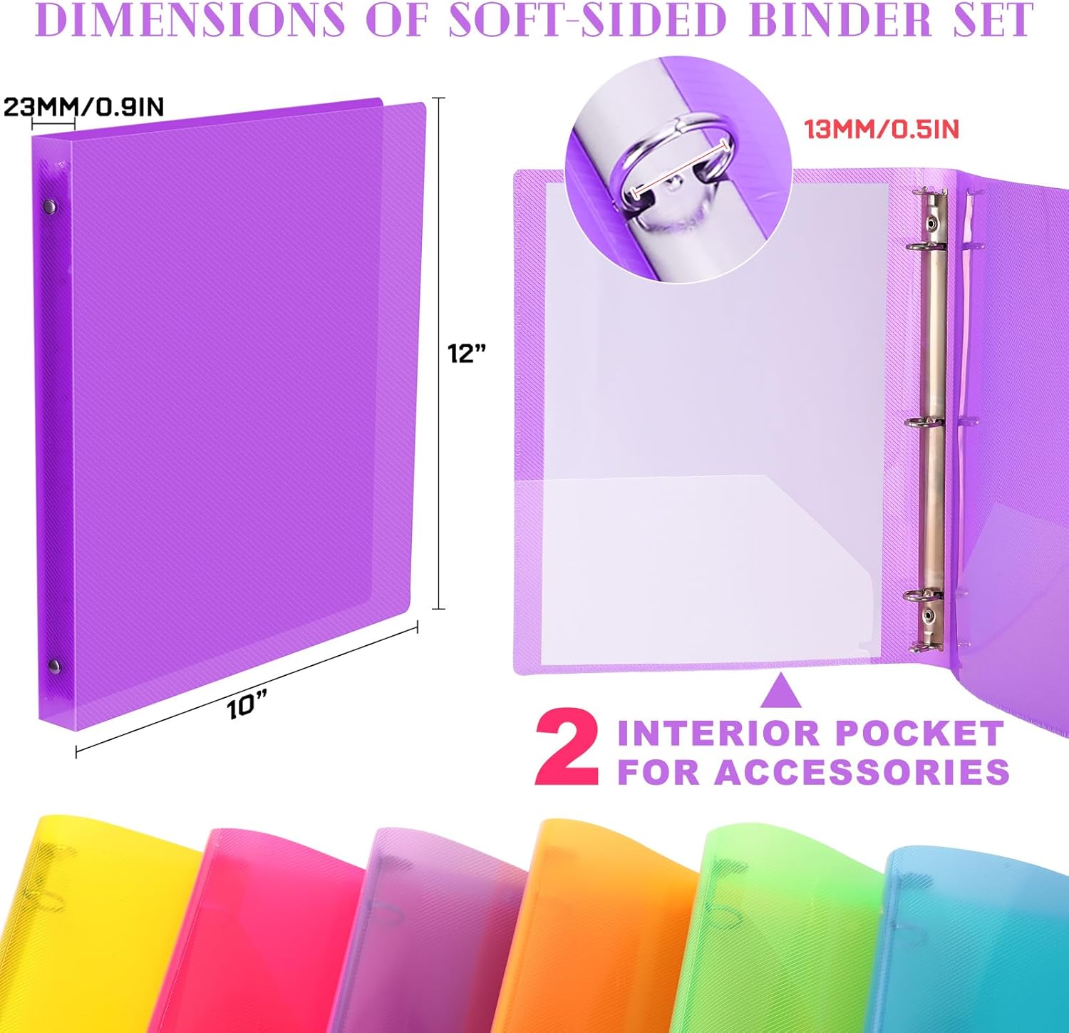 Fulmoon 6 Pack Plastic 3 Ring Binder Assorted Colors Economy Flexible Round Ring Presentation Binders with Pocket for Office School Meeting(0.5 Inch,Neon Colors)