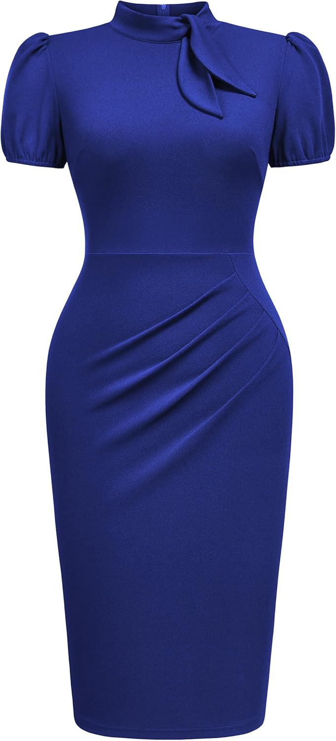 AISIZE Women's Elegant Tie Neck Puff Sleeves Ruched Cocktail Party Dress - Image 4