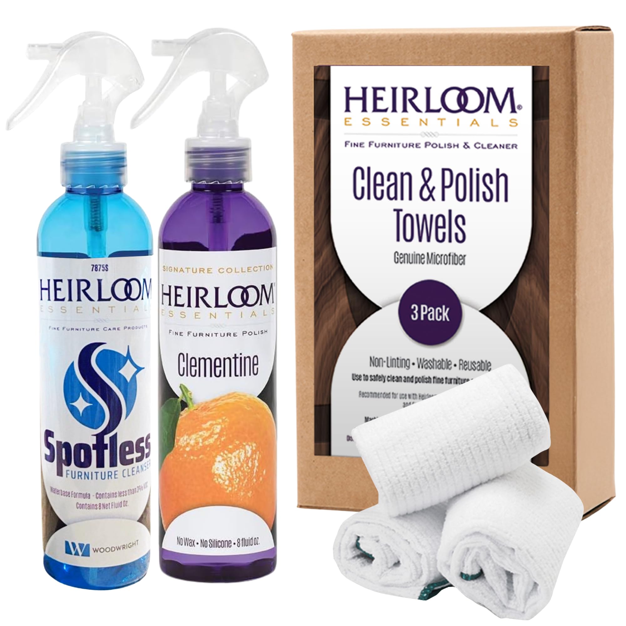 Heirloom Essentials Two-Step Furniture Cleaner and Polish Combo with Microfiber Towels (Clementine)
