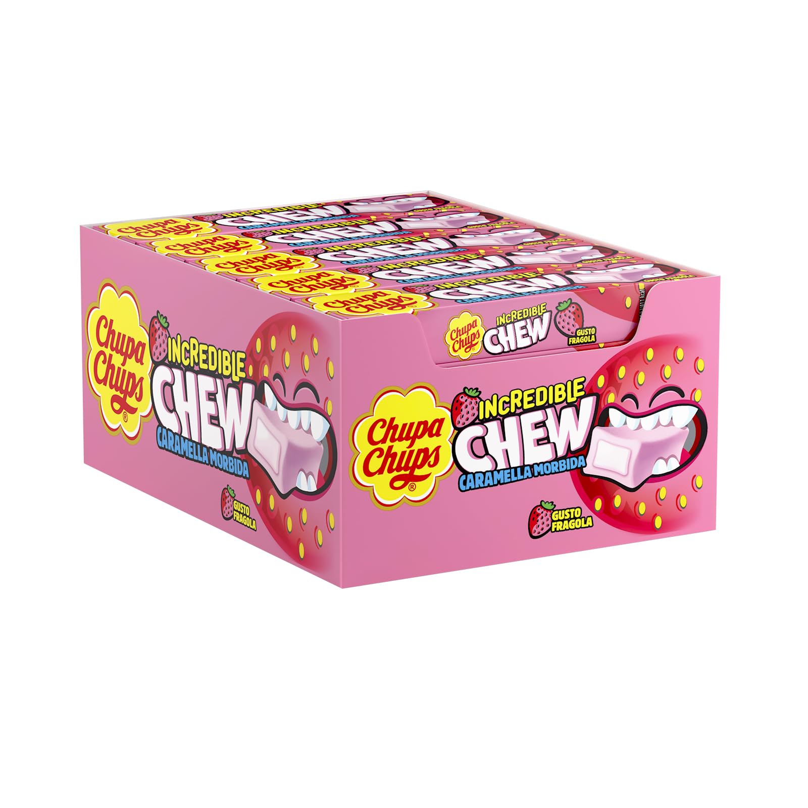 Chupa Chups Incredible Chew Strawberry, Gusto Fragola, Caramelle Morbide, Confezione da 20 Stick, Incredibile Esplosione di Gusto