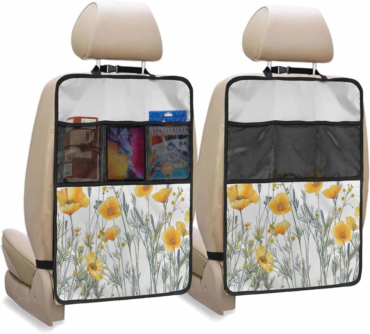 Car Seat Protector, 2 Pack Kick Mats Back Seat Protector Yellow Poppy Flowers Watercolor Floral Plants Retro Linen Waterproof Backseat Cover for Kids Universal Fit Automotive Interior Protectors
