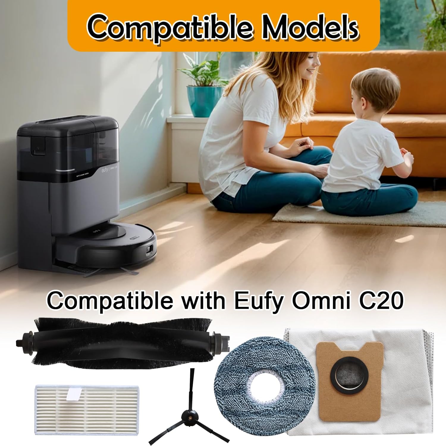 20 Replacement Parts Compatible with eufy C20 Omni Robot Vacuum 1 Roller Brush,4 Side Brushes,4 Washable Filters,4 Mop Pads,6 Dust Bags, 1Cleaning Brush