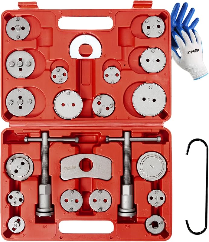ATPEAM Brake Caliper Compression Tool, Brake Caliper Wind Back Tool | 24PCS piston winder for DIY pad change, left right thrust bolt, 18 disc adapters, brake hanger included, piston press
