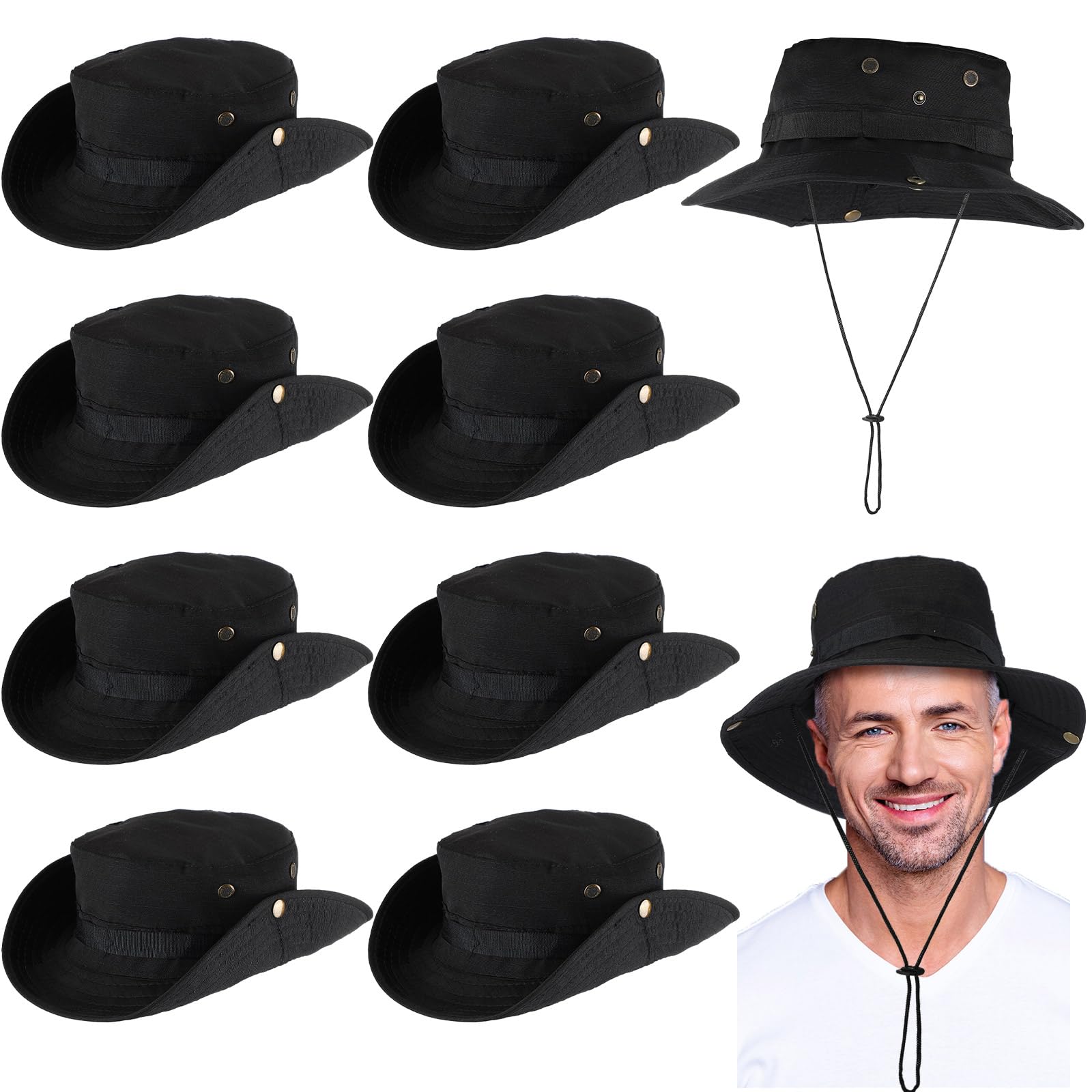 Xtinmee 10 Pcs Bucket Hat Bulk Safari Hat Wide Brim Boonie Hiking Fishing with Chin Strap for Women Men Adult Summer, Black, One size