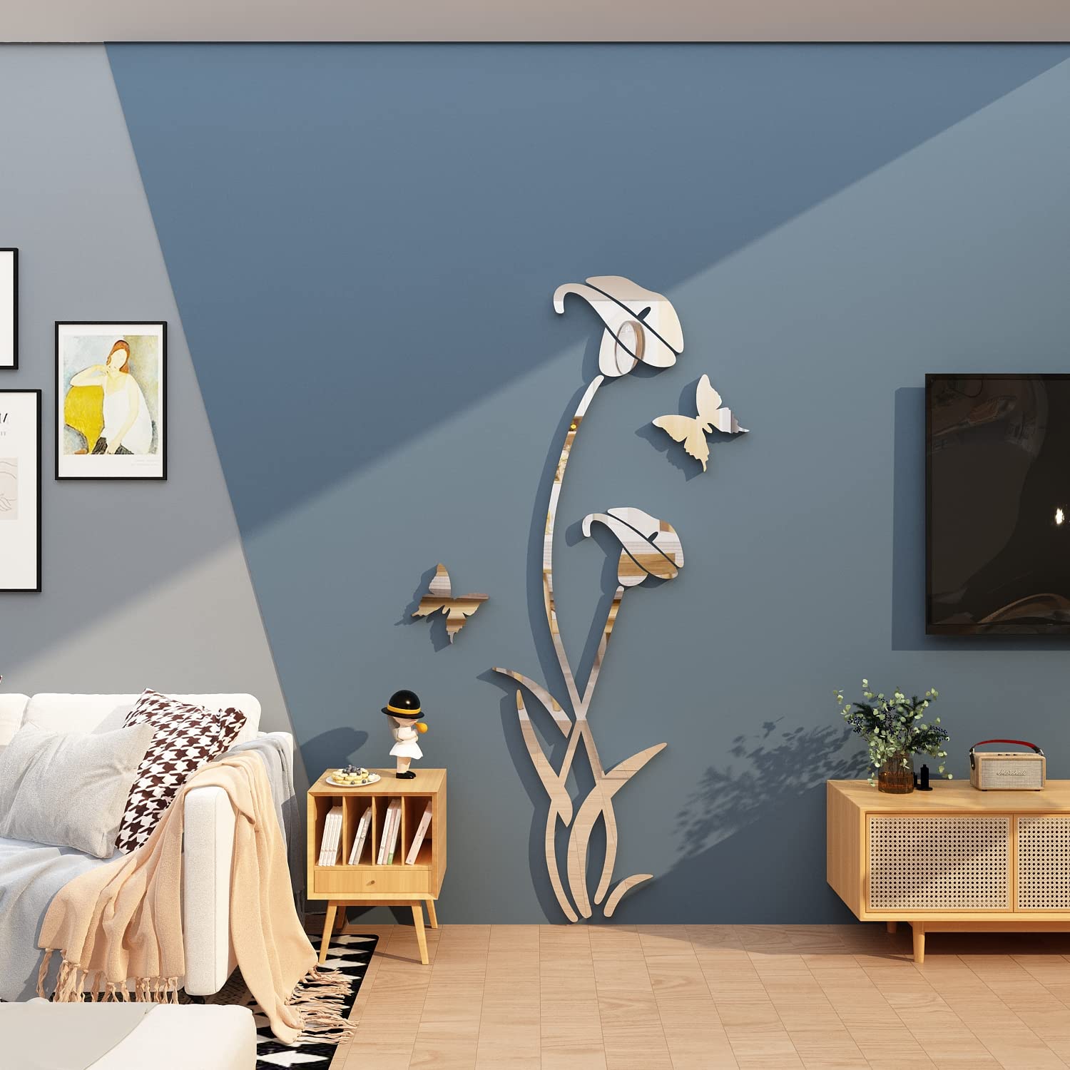 3D Flower Mirror Wall Sticker Decals Murals for Living Room Bedroom Bathroom Sofa Backdrop TV Wall Background Decoration (Silver, 24 * 55 Inches)