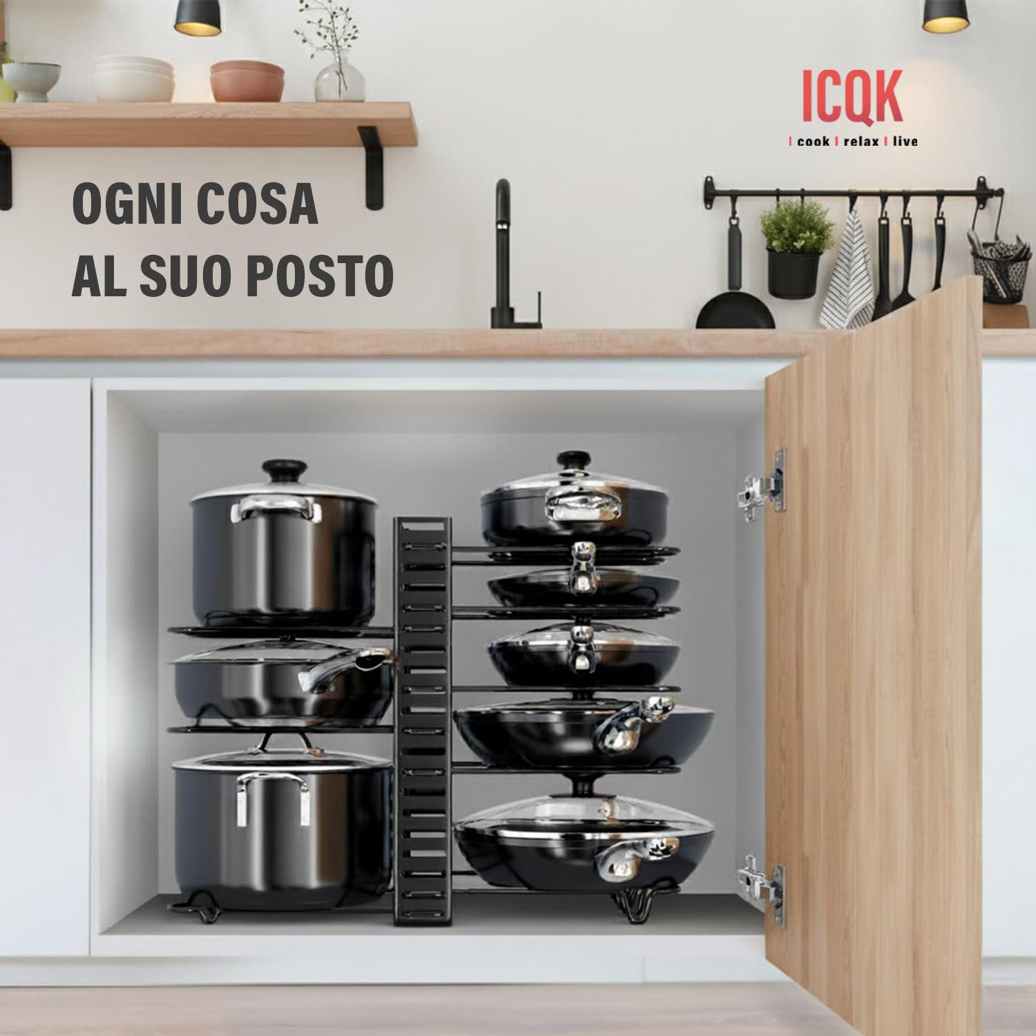 Organizador para tapas de ollas ajustable, 8 compartimentos, 3 configuraciones posibles, cajones, armario, divisores ajustables, antideslizante, vertical u horizontal, organizador de sartenes