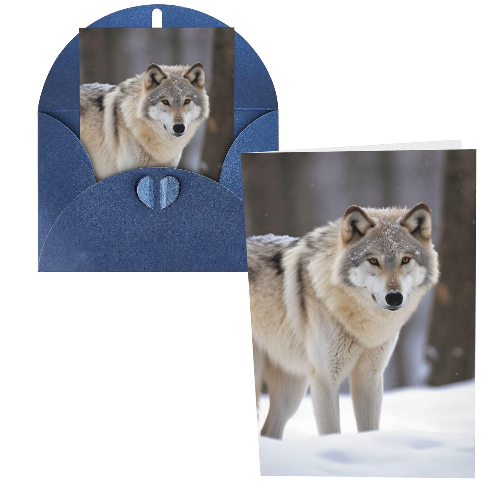 Tarjeta de felicitación en blanco con sobres, diseño de lobo en la nieve, tarjetas de agradecimiento de 10 x 15 cm, tarjetas de notas para todas las ocasiones, tarjetas azules para Navidad,