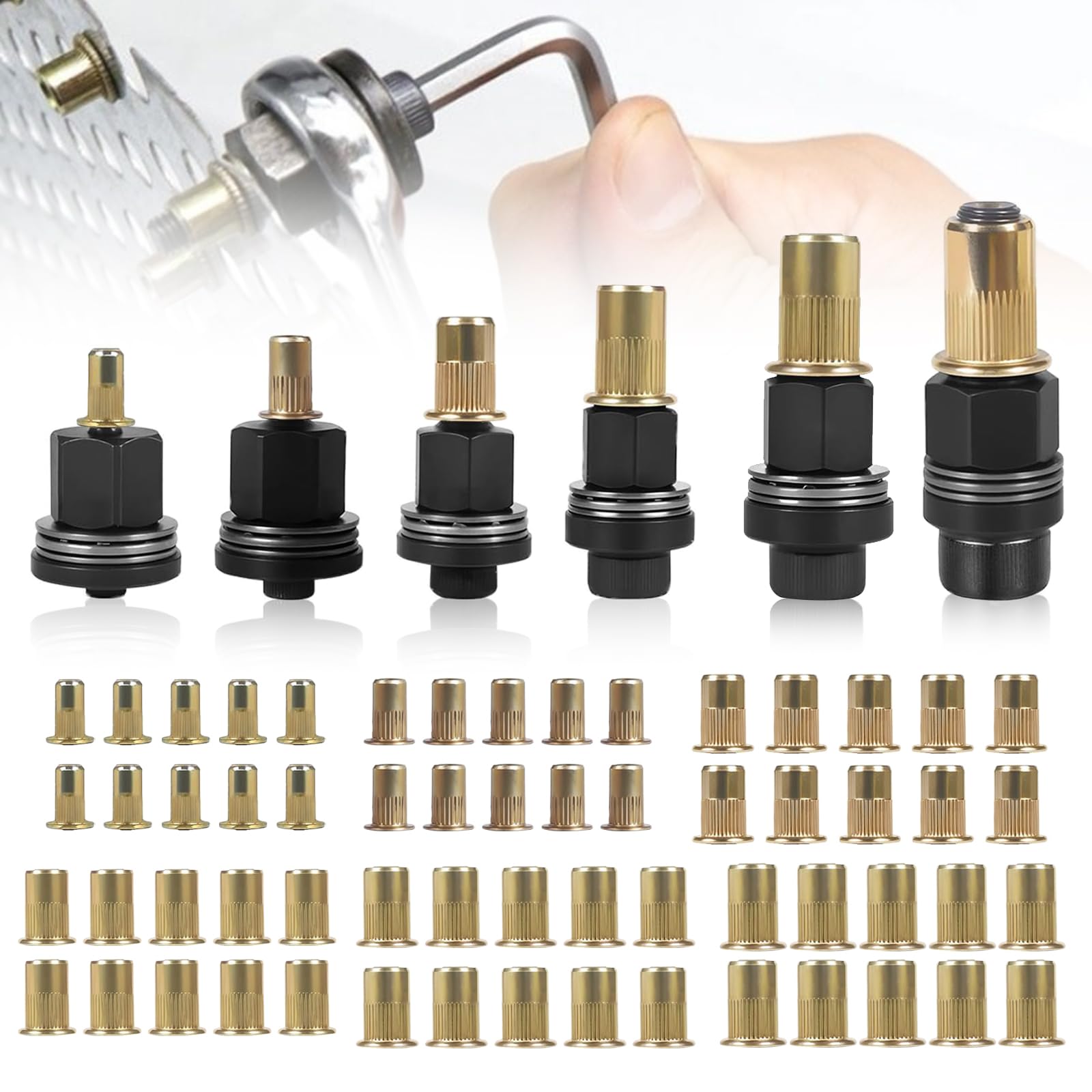 6 Pcs Head Rivet Nut Tool with 60 Nuts, Rivet Nuts for M3 M4 M5 M6 M8 M10 Insert Rivet Nuts Set for Rivet Nut Tool Manual Riveting Machine