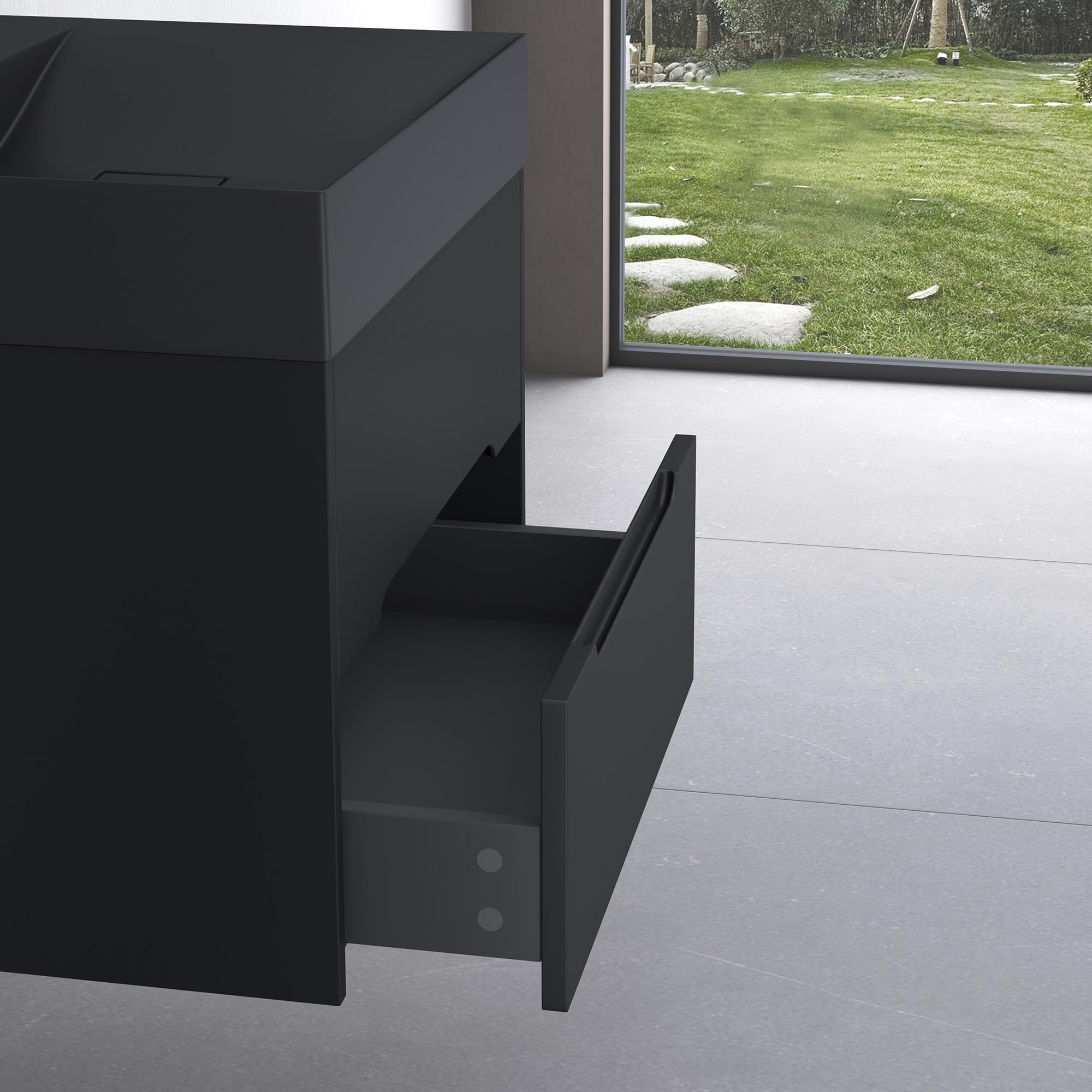doporro Meuble de Salle de Bain Suspendus Noir Mat 60x48x56cm Ensemble de 2 Pièces Meuble avec Lavabo Design Yoga-Lackier