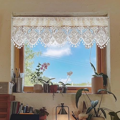 Rustic Crochet Curtains Valance For Kitchen Cotton Lace Curtains For Small Window Farmhouse Tassel Curtains For Coffee Decor Rod Pocket Hollow Sheer Curtain Tiers For Bath 1 Panel W71 X L15 Inch #TOP6