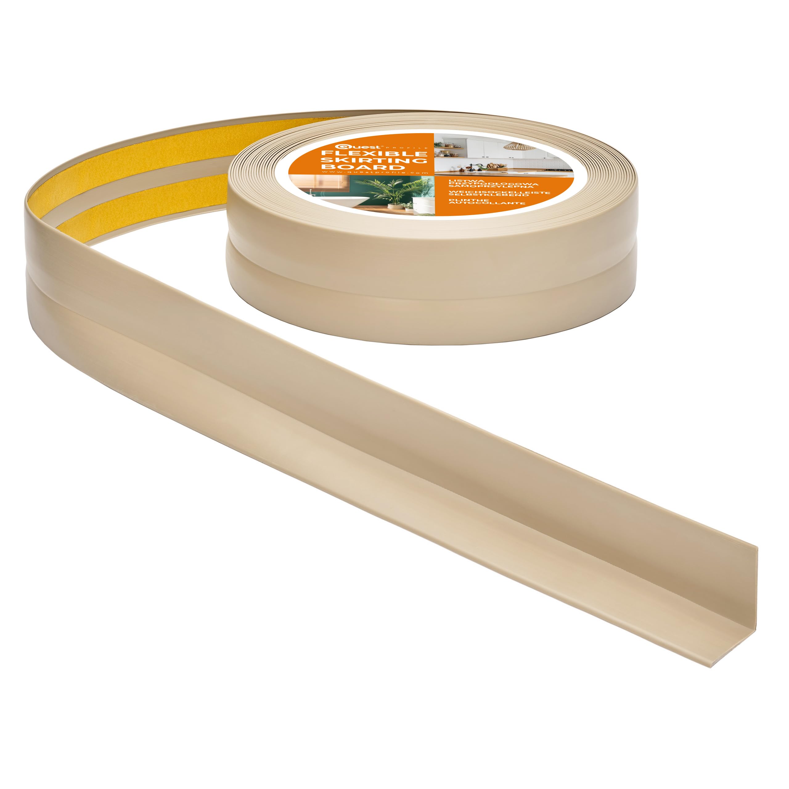 Quest Battiscopa Morbido Adesivo - 30 mm x 30 mm - Finitura Flessibile, Listello in PVC, Profilo Angolare per Cucina, Bagno, Parete, Pavimento - Decorativo, Resistente ai raggi UV (Beige, 25m)