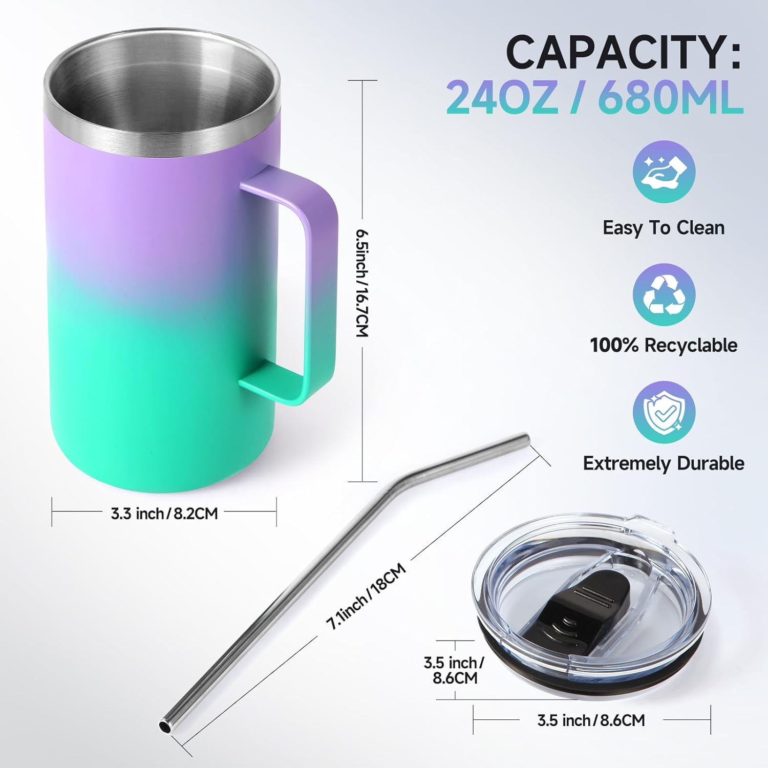 Volhoply 24oz Insulated Coffee Mug with Lid and Straw, Stainless Steel Travel Mugs with Handle, Double Wall Vacuum Leak Proof Coffee Tumbler Cup (Mixed,2) - Image 3