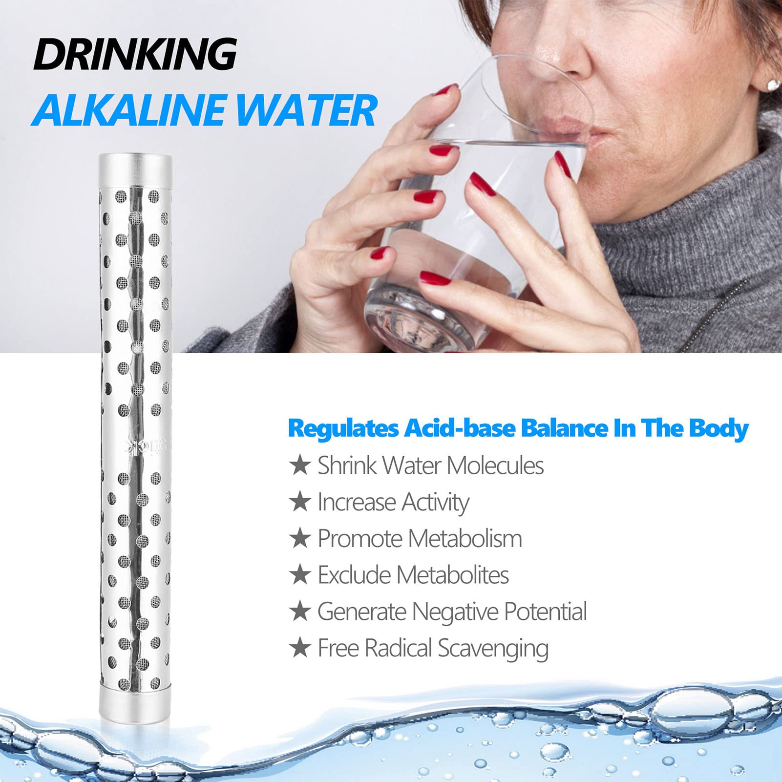 Acqua alcalina portatile Stick, PH Alcalizzatore Negativo Ionizzatore Idrogeno Minerali Bacchetta filtro depuratore d'acqua per acqua alcalina e ionizzata - elimina cloro e impurità (#3（13.6×1.8cm)