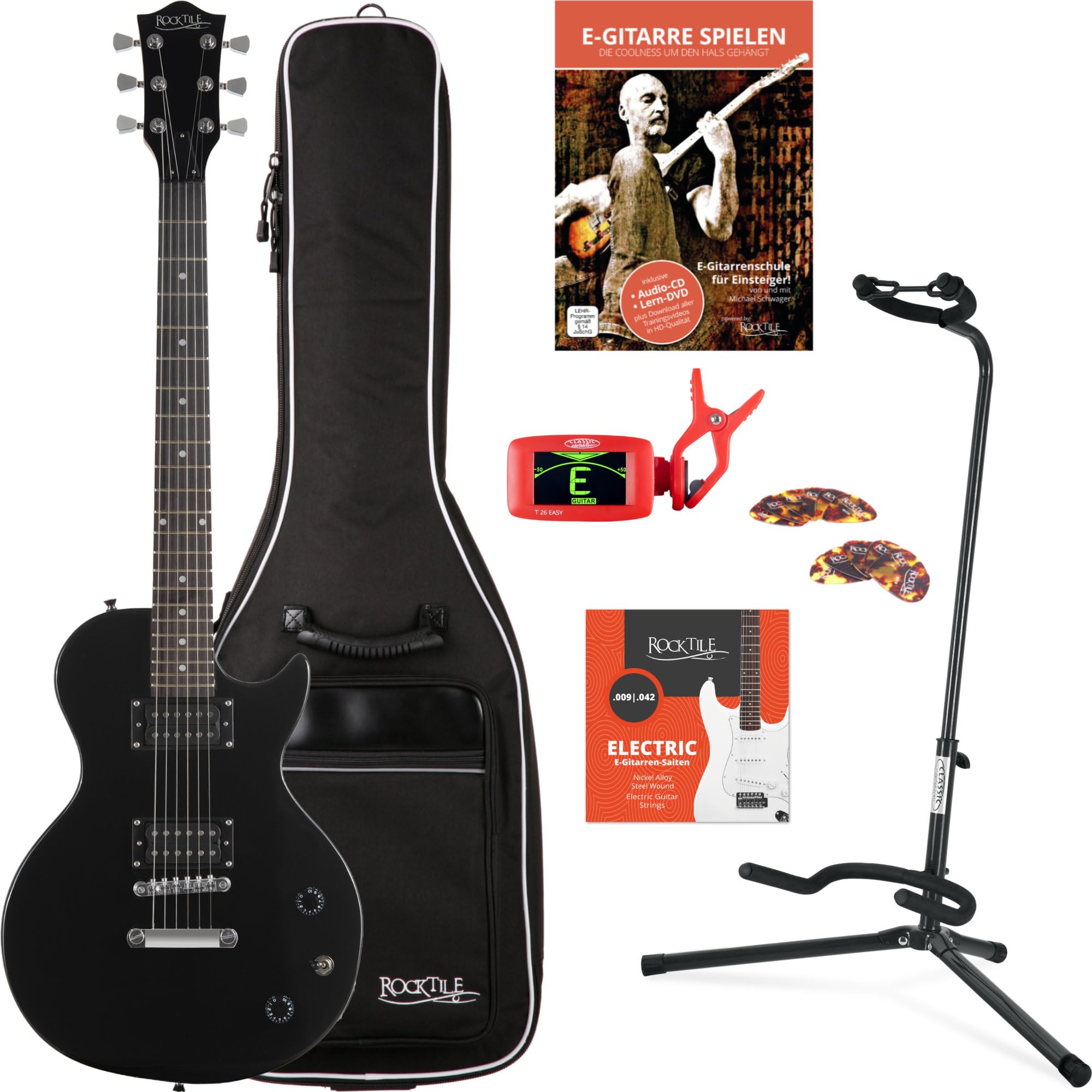Rocktile L-100 BL E-Gitarre Black Einsteiger Set, Modell: L-100 BL | Gewicht: ca. 3, 5 kg, Anzahl Saiten: 6, Orientierung: Rechtshänder, Inklusive Girtarrenkabel, Korpusform: Single Cut-Style