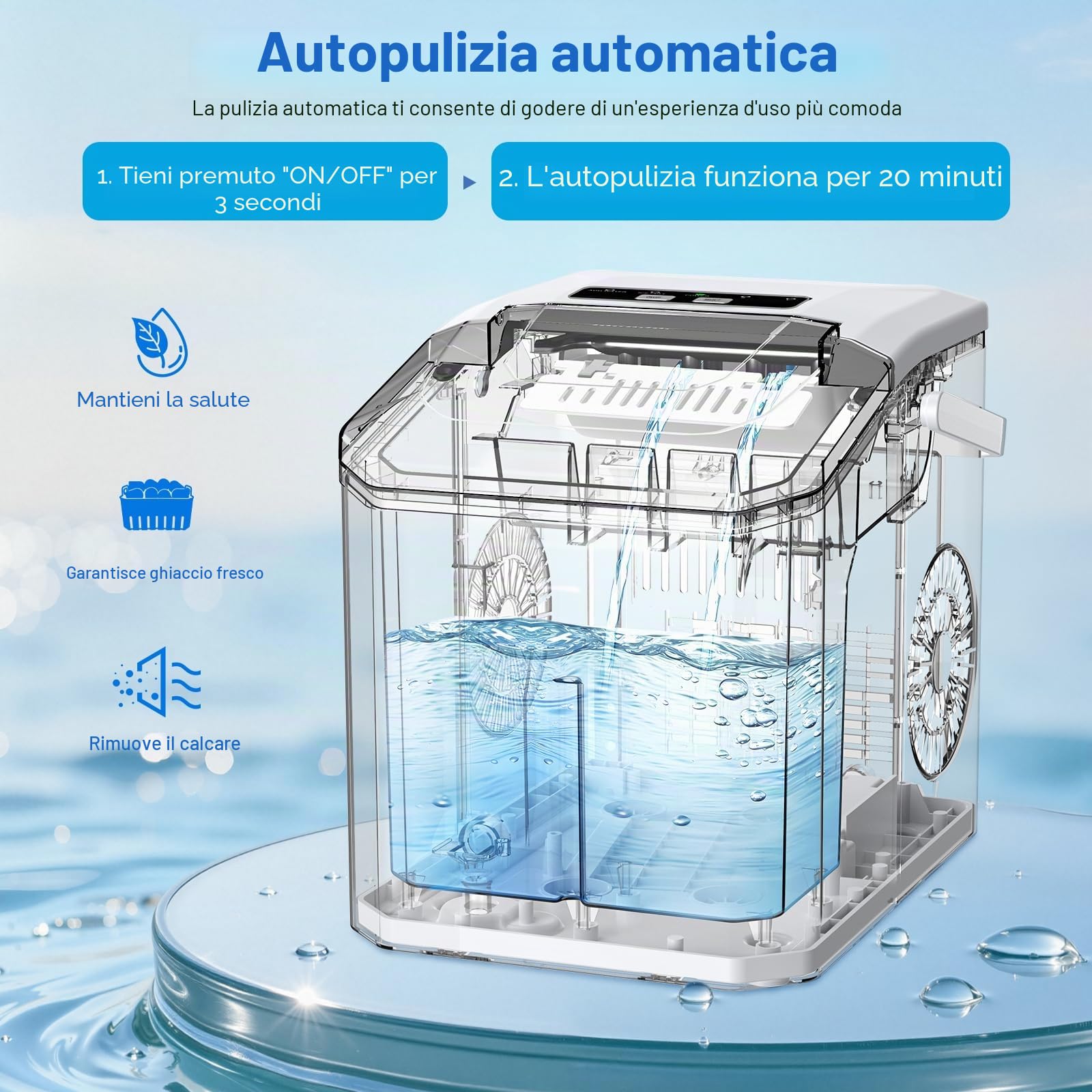 Macchina Ghiaccio,9 Cubetti in 8 Minuti,2 Dimensioni di Ghiaccio,14kg/24h,Macchina Ghiaccio Casa Ice Maker Autopulente con Maniglia/Paletta per Casa/Festa/Cucina/Bar (Bianco)