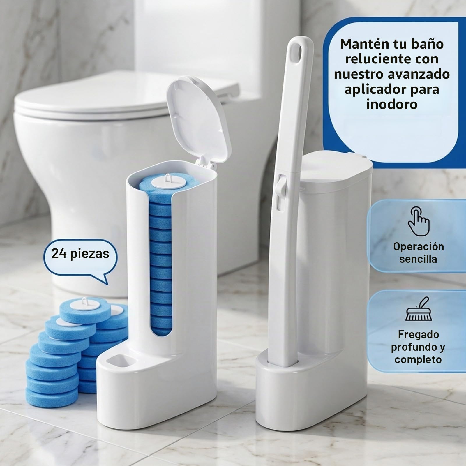 Escobillas de Baño Desechable, 2 Escobillas WC con Soporte de Pared, Escobilla WC Desechable con 24 Cabezales con Limpiador Integrado, Ahorra Espacio, Blanco
