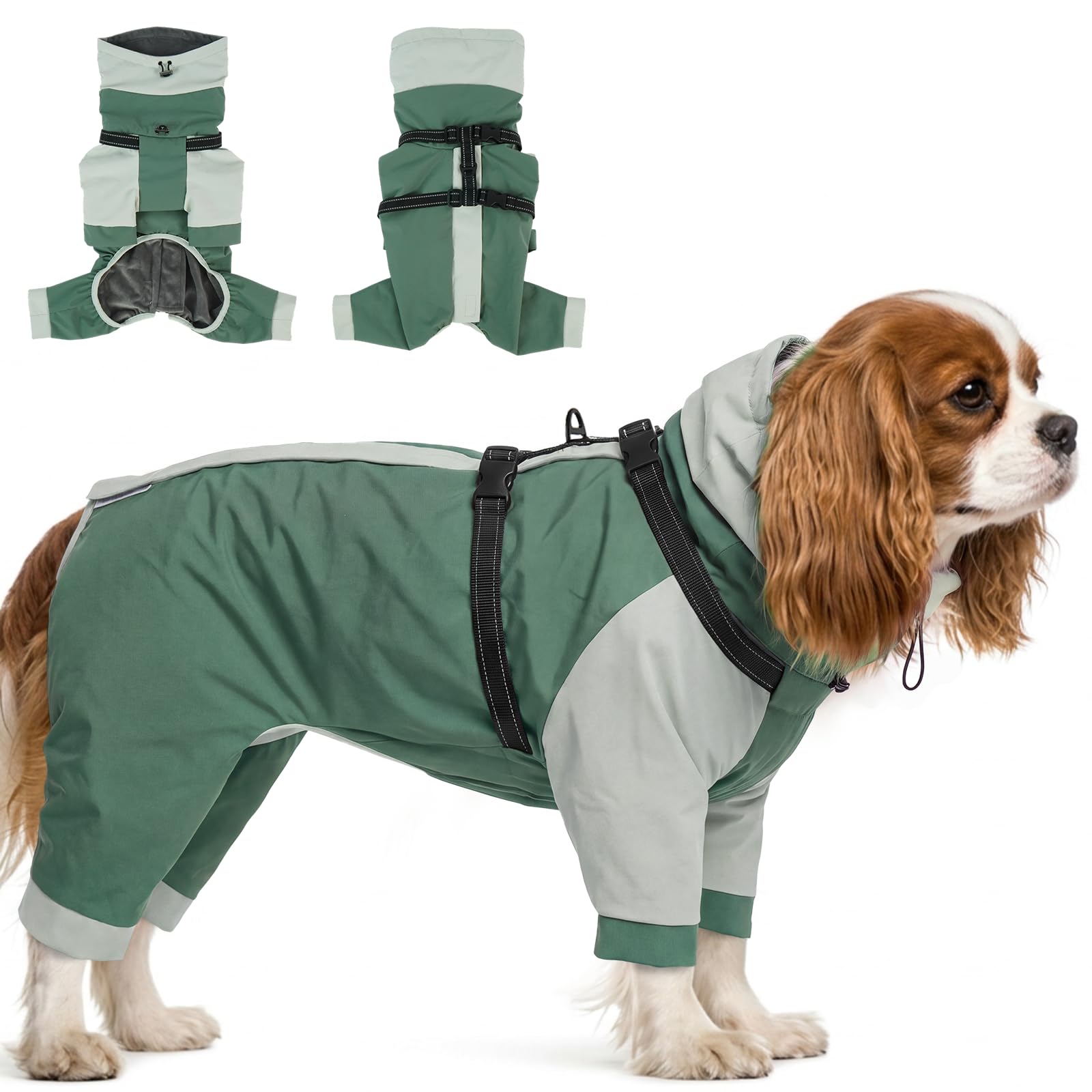 Lelepet Waterproof Dog Coat with Harness, Warm Dog Winter Apparel, Green S