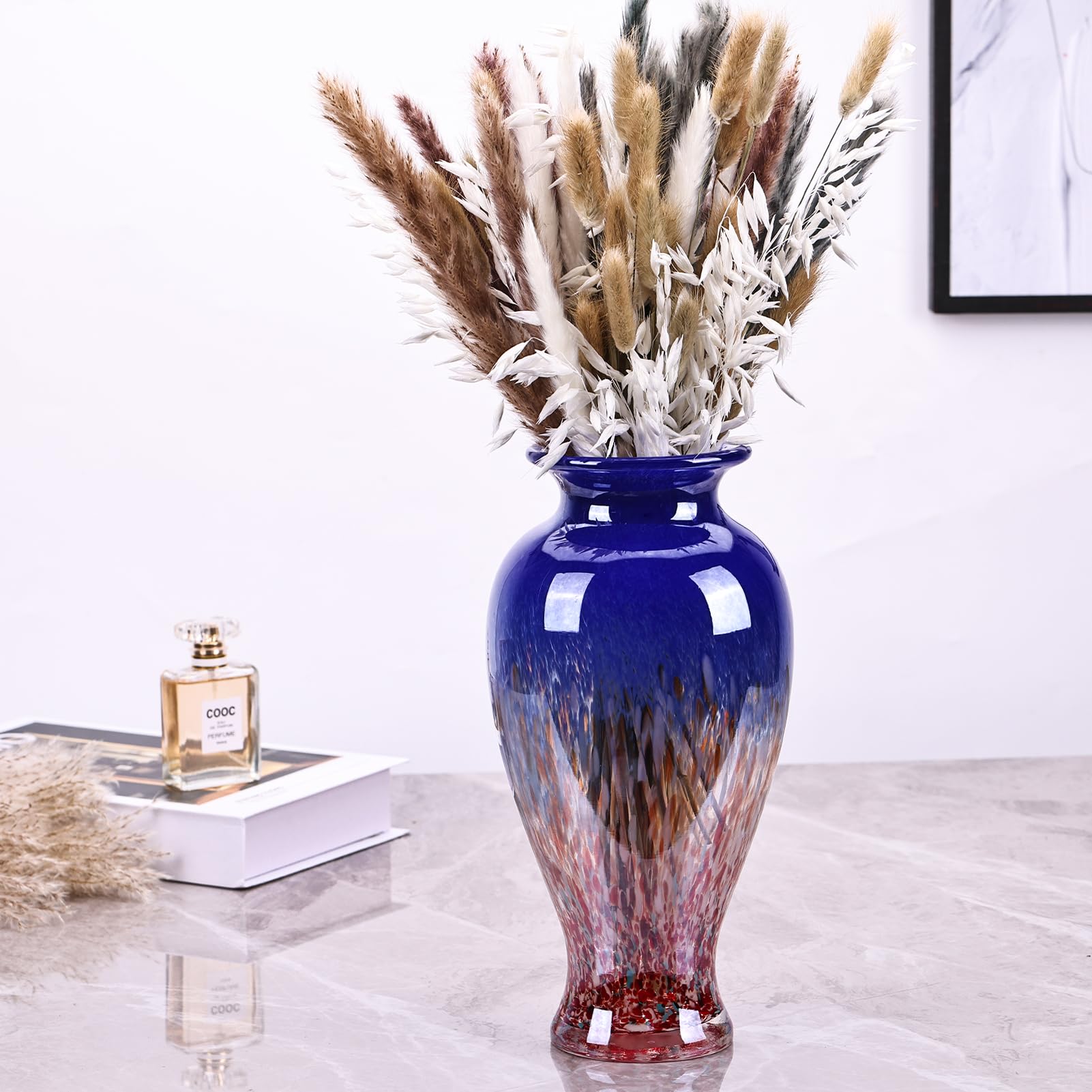 30cm Geblasene Blaue Glasvase, Farbige Opaque Glasvase, Einzigartiges Design Weitmund Kunstvase Dekoration für Zuhause, Wohnzimmer, Esstisch, Pampasgras Dekor (Blau)