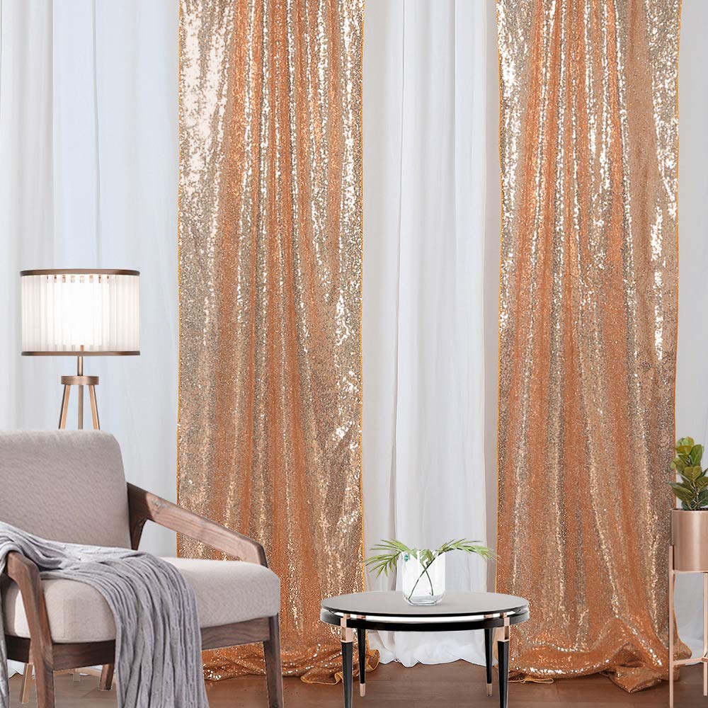 QueenDream Backdrop Curtain Drapes 2 Panels Rose Gold Party Sequin Background 2FT x 8FT Wedding Ceremony Birthday Decorations Shimmer Fabric