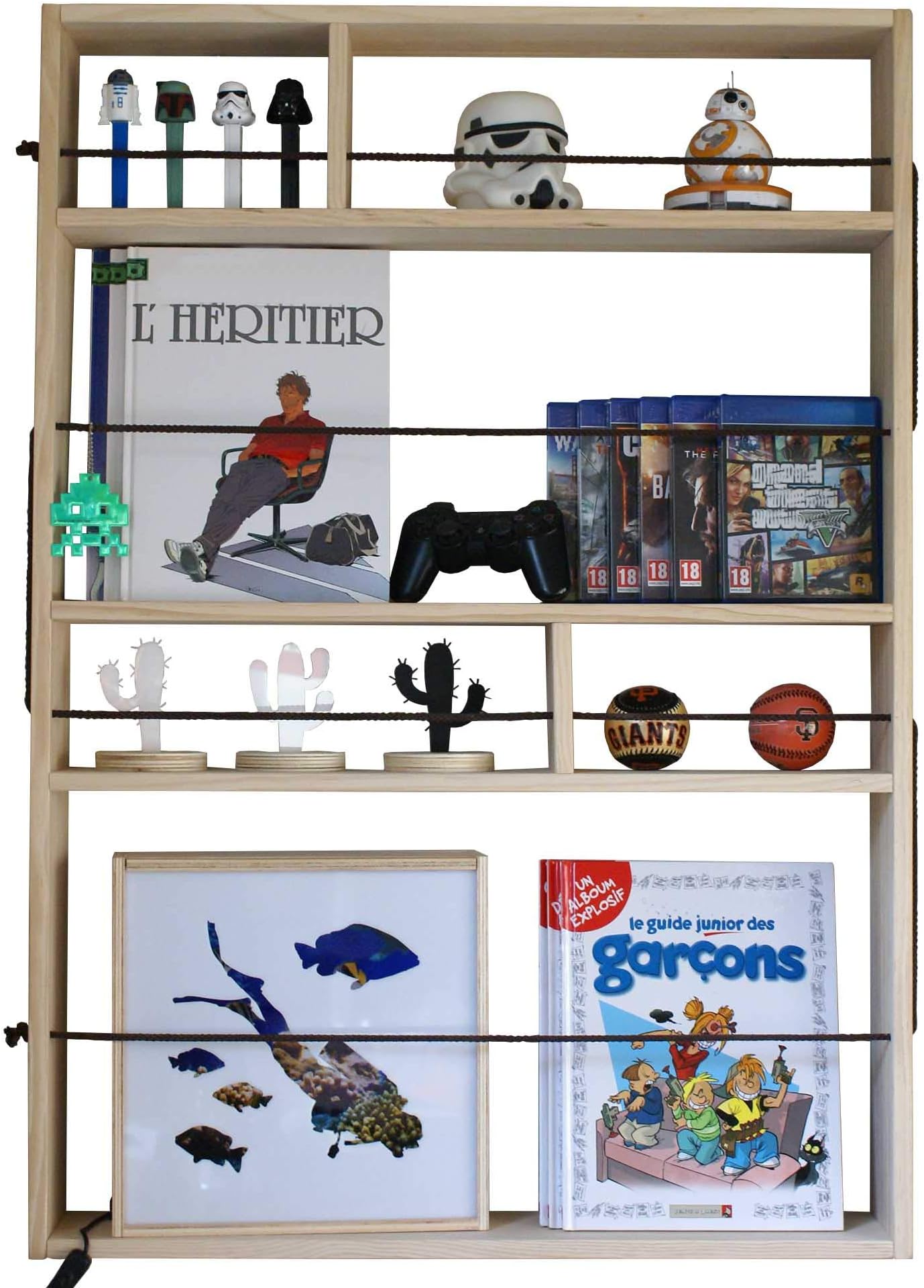 Liza Line WALL MOUNTED SHELF with DECORATIVE ROPE,6 Compartments,4 Shelves