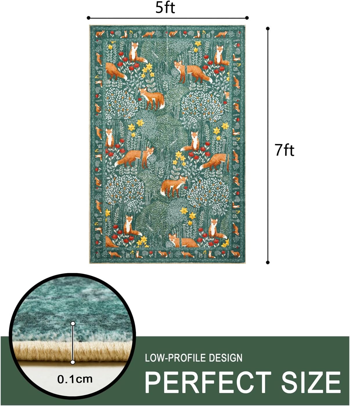 Cute Aesthetic Bedroom Rug, Ultra Thin Vintage Abstract 5x7 Carpet Washable, Boho Floral Botanical Area Rug for Living Room Entryway Kitchen Dorm, Green Woodland Forest Nature Kids Rug Nursery Carpet
