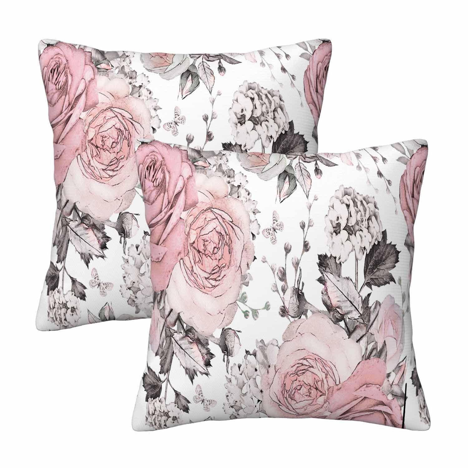 Orythyra Gray Pink Flowers Leaves Throw Pillow Covers 18 x 18 Inch Set of 2 Floral Rose Pastel Color Square Velvet Pillowcases Protectors with Zipper