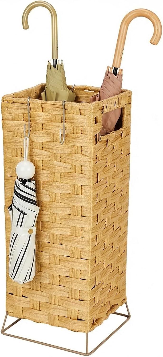 Umbrella Holder for Entryway - Handwoven Rattan Umbrella Stand Indoor with Water Reservoir Base, Durable Metal Hooks & Drip Tray, Stylish Umbrella Basket and Umbrella Storage Bucket