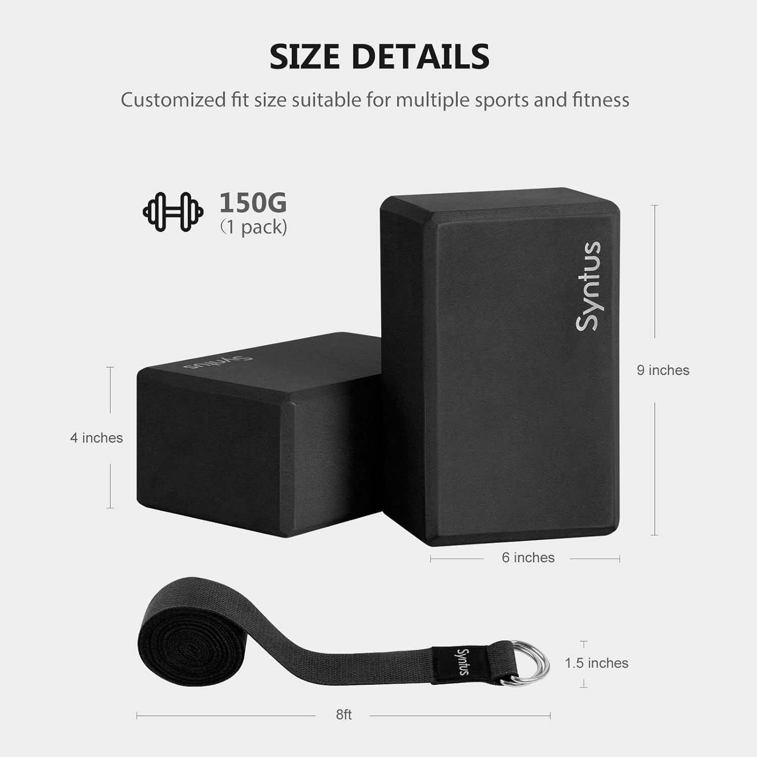 Syntus Yoga Block and Yoga Strap Set, 2 EVA Foam Soft Non-Slip Yoga Blocks 9×6×4 inches, 8FT Metal D-Ring Strap for Yoga, General Fitness, Pilates, Stretching and Toning, Black : Sports & Outdoors