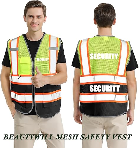 Miniatura 2 de BeautyWill Chalecos de seguridad de malla amarilla resistente con 5 bolsillos y cremallera frontal SMLXLXXL3XL4XL