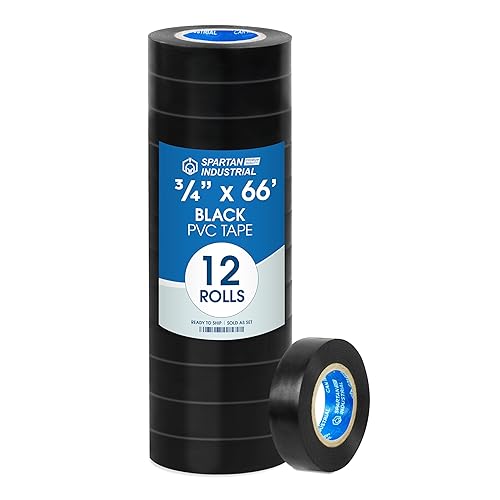SPARTAN INDUSTRIAL - Cinta de vinilo negra de 34" X 66' - 12 rollos de cinta eléctrica resistente al agua para la agrupación de cables y cables,