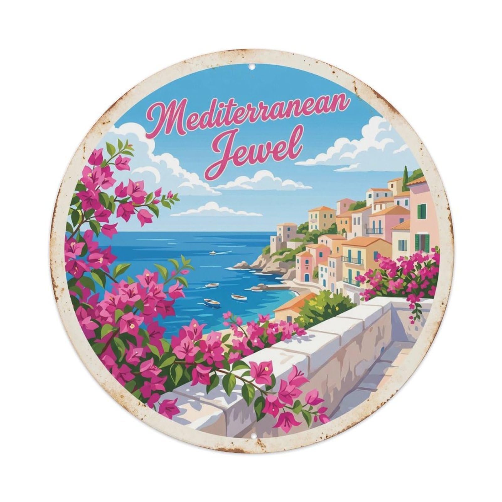 Vintage Travel Italian Bougainvillea Seaside Vacation Metal Tin Sign Plaque