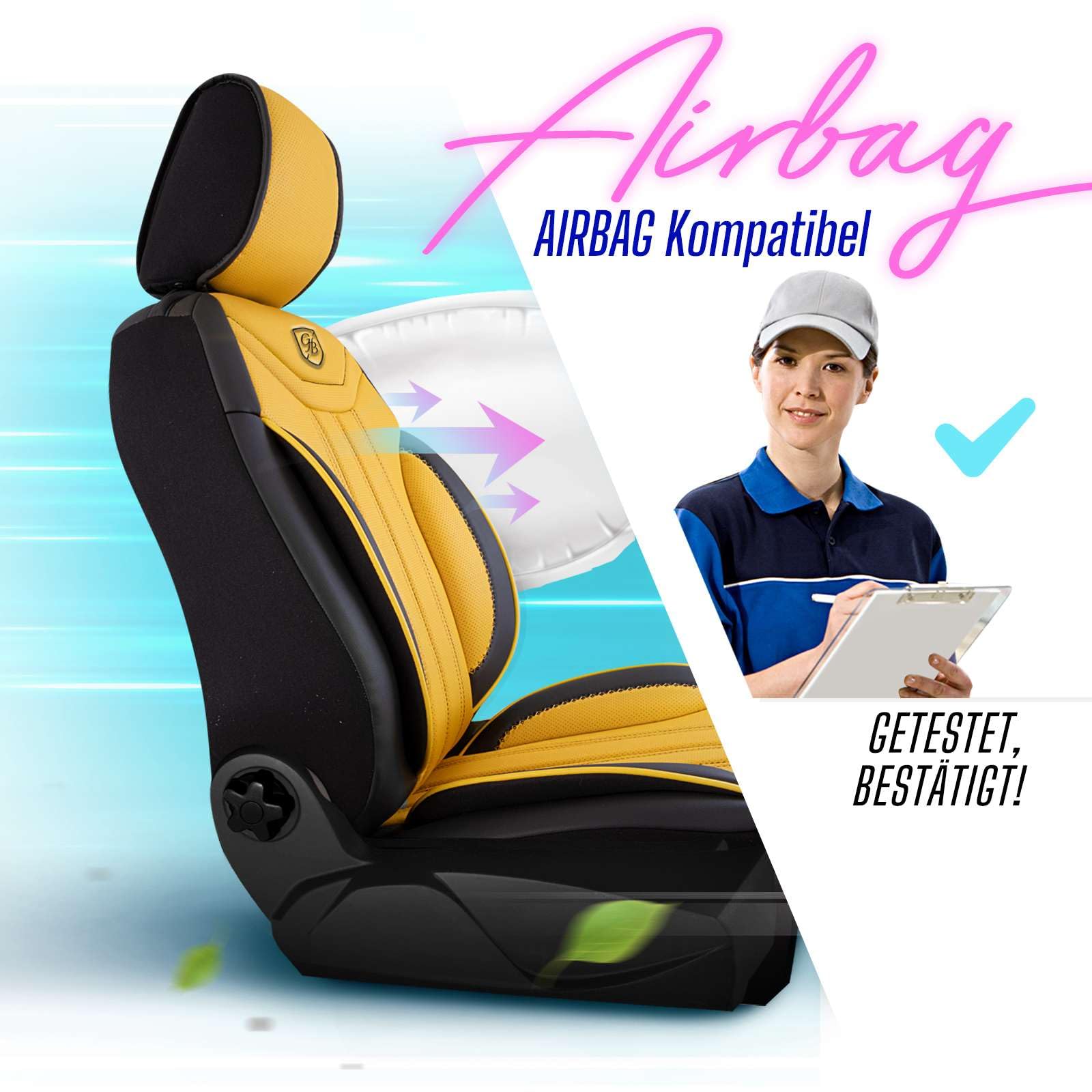 Autositzbezüge Universal für PKW & SUV – Premium Vordersitze Auto Sitzbezug aus Leder, Gelb-Schwarz, Airbag-Kompatibel Sitzauflage, Autoschonbezug, Komplett-Set inkl. Montageset