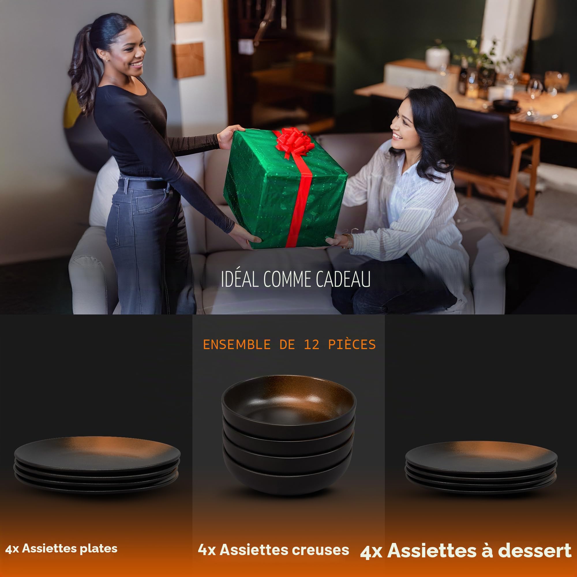 Service de table 12 pièces en grès – Ligne Prairie – Design élégant dans une teinte marron/noir, service composé de 4 assiettes plates, 4 assiettes à dessert et 4 assiettes creuses/collection