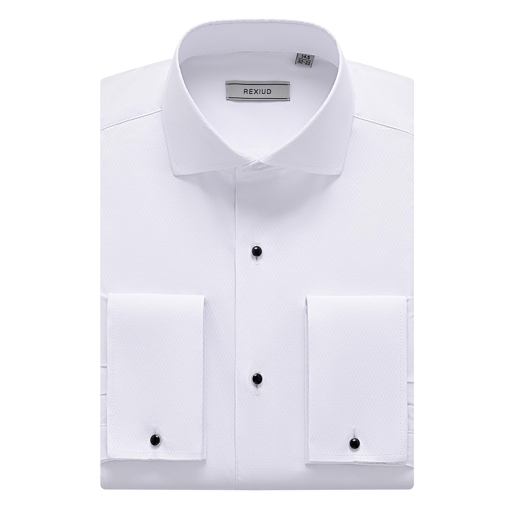 Herren Smokinghemd–Windsor Kragen, Verstellbarer Kragensteg Jacquard-Front Französische Manschetten Convertible Knopfl Eeiste Stretch Weiß