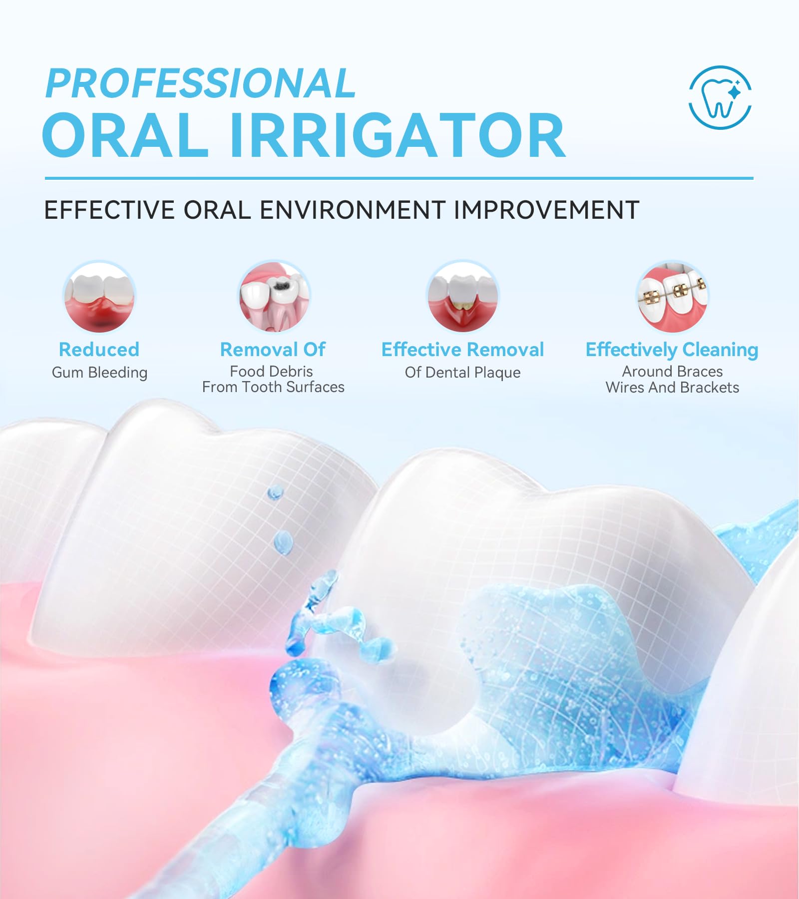 Irrigador dental de agua para dientes, irrigador bucal inalámbrico, 5 modos de limpieza, 4 puntas de chorro reemplazables IPX 7 impermeable (blanco)