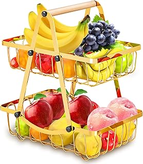 2 Tier Fruit Basket, Detachable Fruit and Vegetable Storage Stand, Metal Fruit Bowl for Kitchen Counter, Fruits Holder Vegetable Basket with Wood Handle, Bread and Snack Organizer, Gold