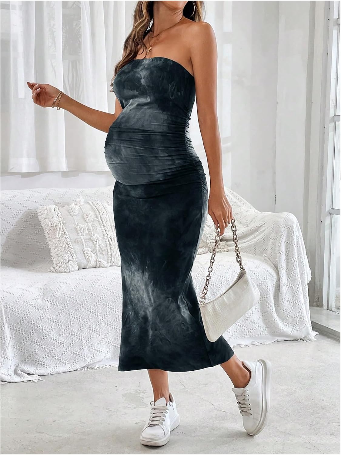 SHENHE Women's Maternity Sleeveless Tie-Dye Print Tube Dress Bodycon Side Split Ruched Stretchy Maxi Dresses Wedding Guest