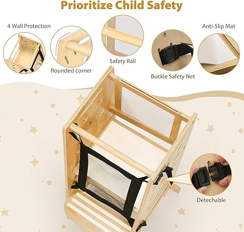 Miniatura 4 de KIDHABE - Ayudante de cocina de madera para niños pequeños, torre de aprendizaje ajustable con red de seguridad desmontable, alfombrillas