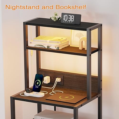 Miniatura 4 de Furnulem Mesita de noche alta con estantes de 4 niveles, 2 cajones de tela y tubo de luz, mesas auxiliares de cama con estación de carga, mesita de