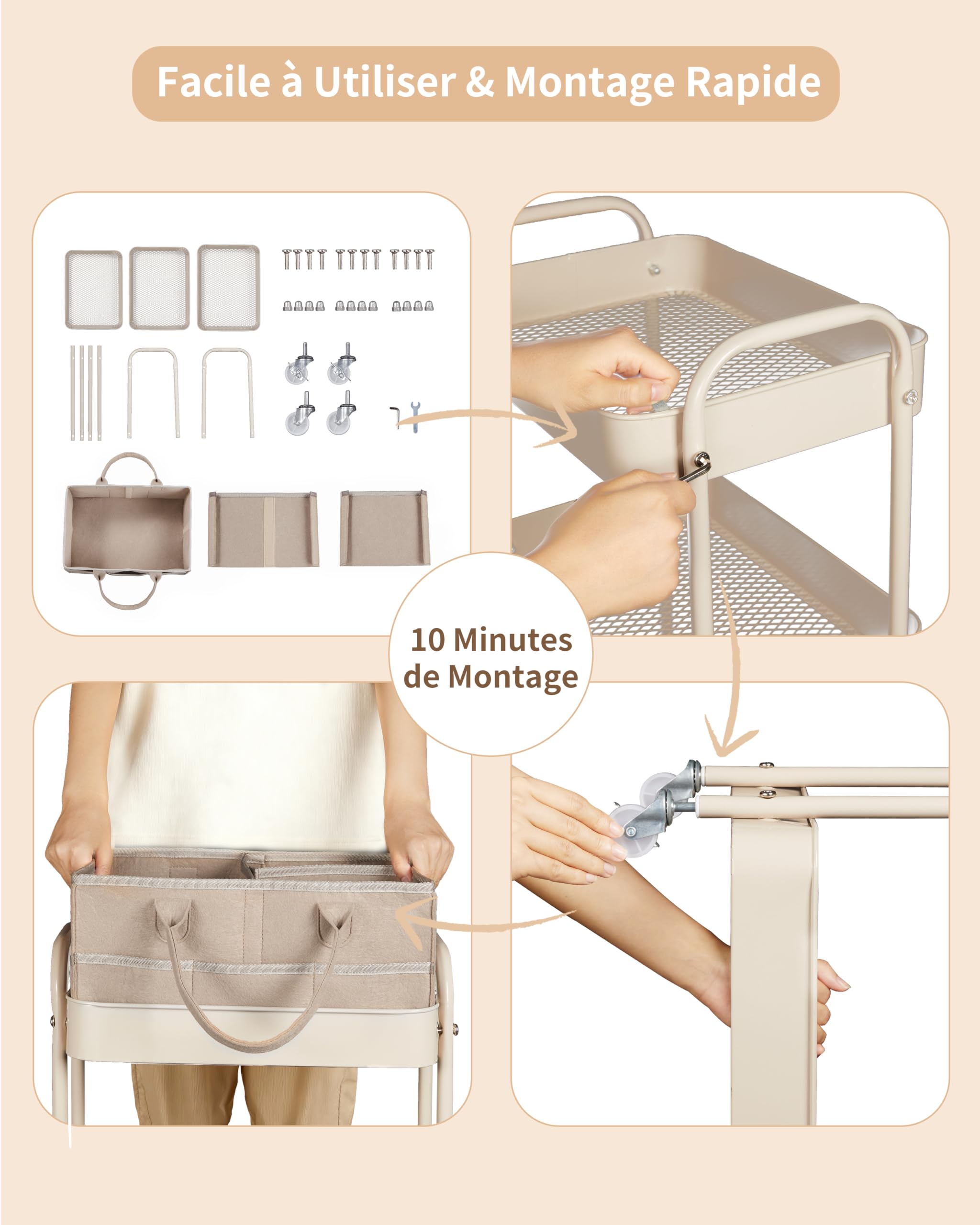 Fortella Desserte à Roulettes avec Panier Rangement Bébé, Chariot de Rangement 3 Niveaux, Sac a Langer Bebe Portable, Rangement Table a Langer Bebe, Organisateur Cuisine Chambre, Salle de Bain(Marron)