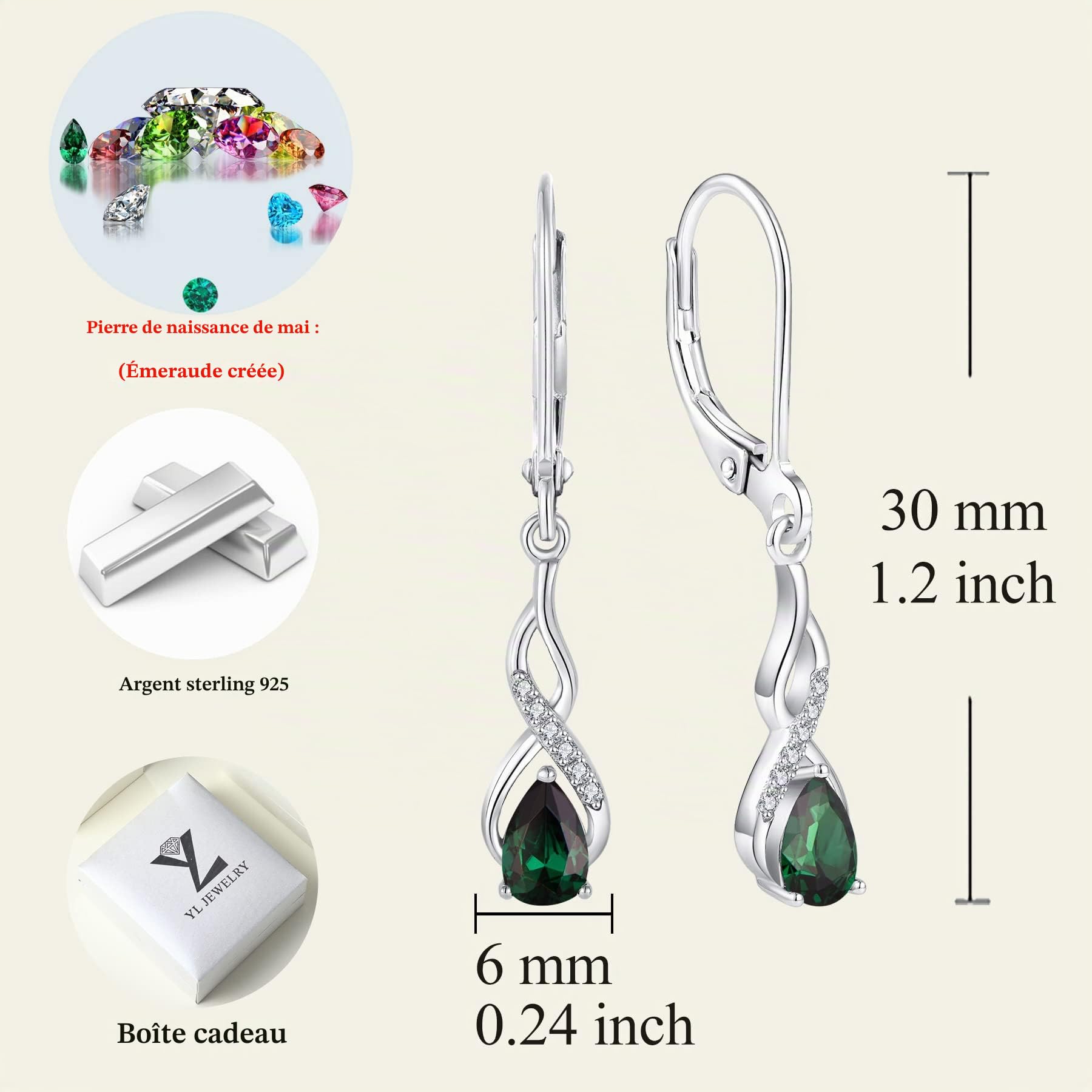 YL Boucles d'oreilles infini Argent 925 taillé 12 Pierres de Naissance Oxyde de Zirconium Boucles d'oreilles pour Femme