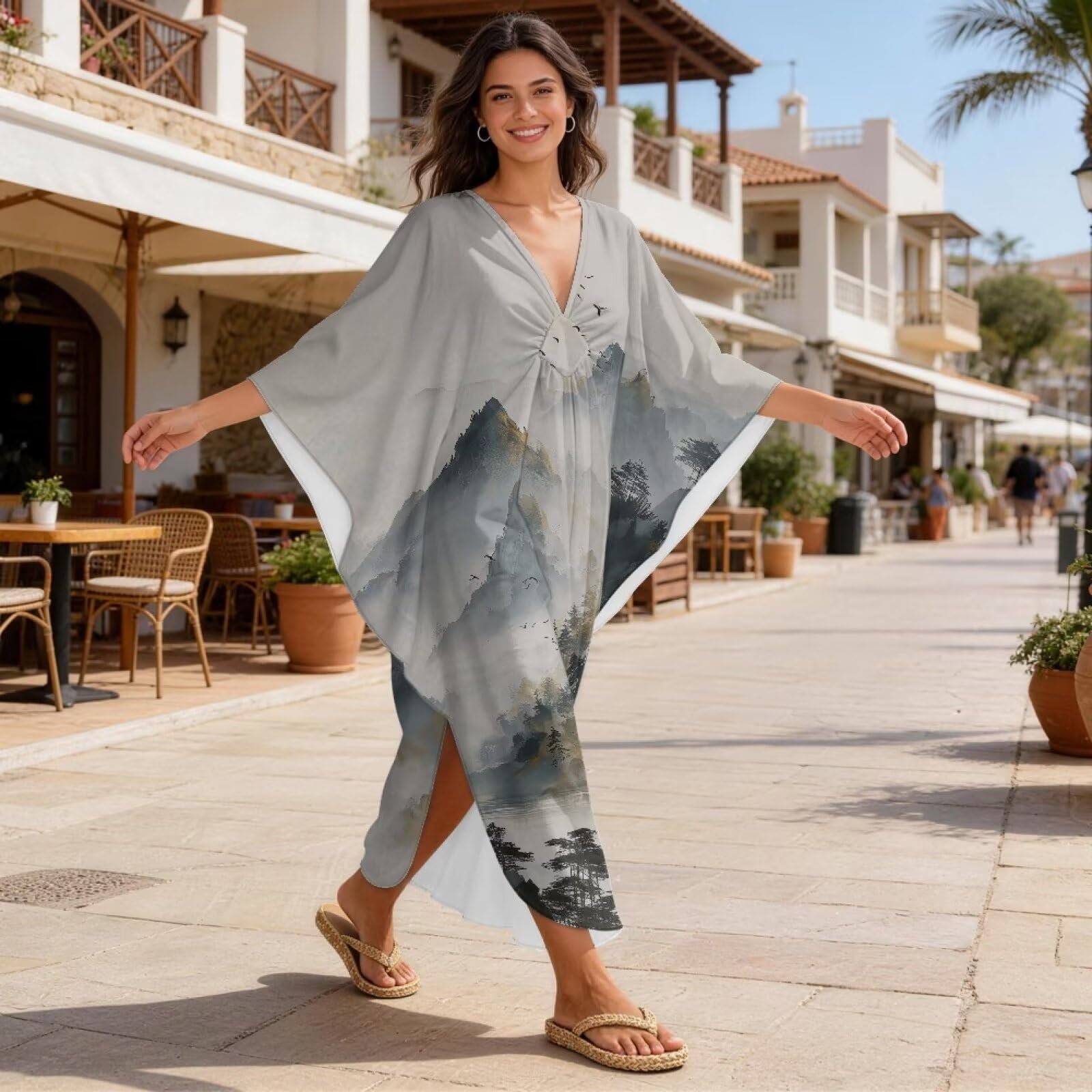 Xoenoiee Sukienki kaftan dla kobiet dekolt w serek plus size kaftany długi rękaw nietoperz okrycie plażowe letnia sukienka plażowa