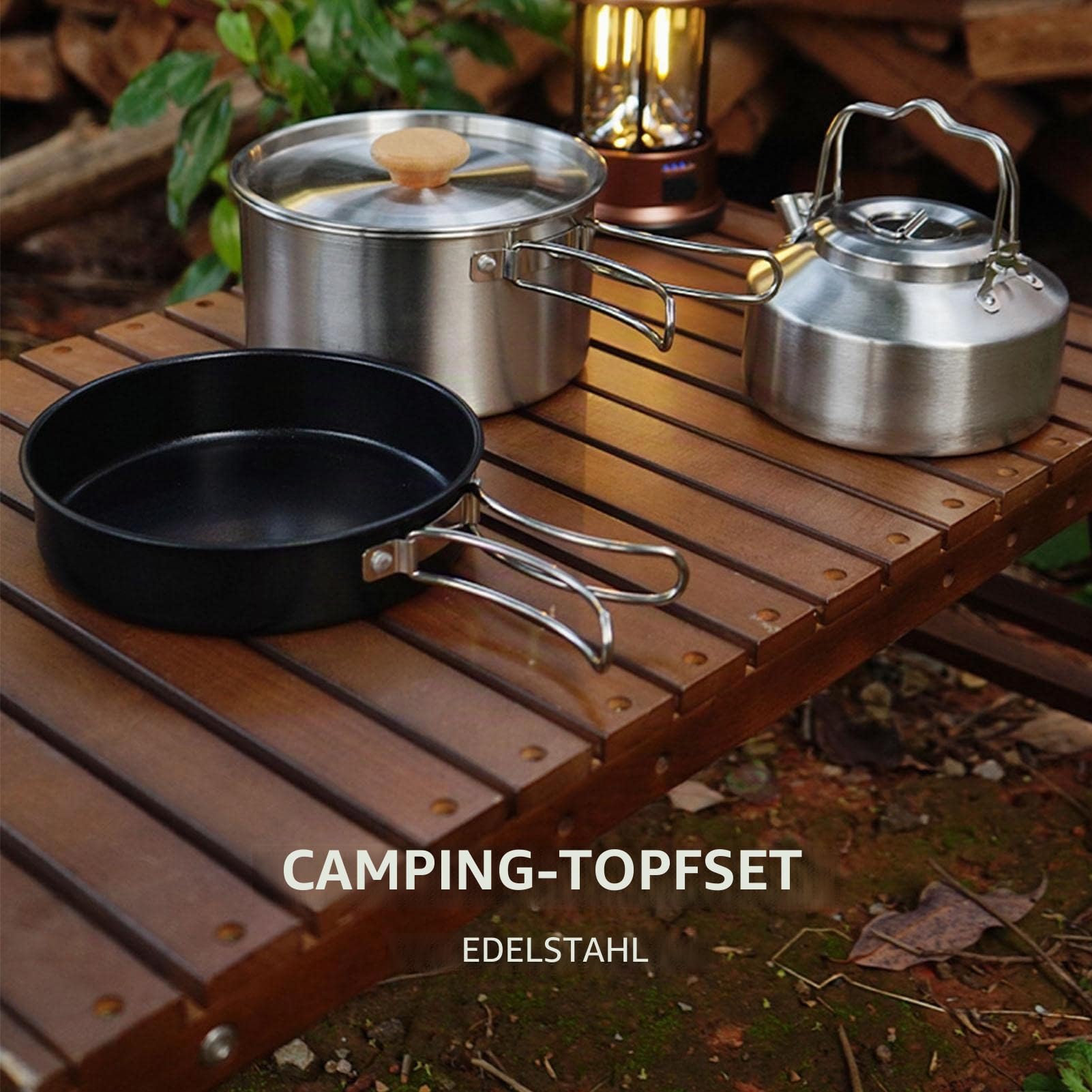 Outdoor Kochgeschirr Set, Camping Kochgeschirr Set aus Edelstahl, Faltbare Kochtopf Hängetopf Wasserkocher und Aufbewahrungstasche, Outdoor Kochset für Camping Picknick Wandern