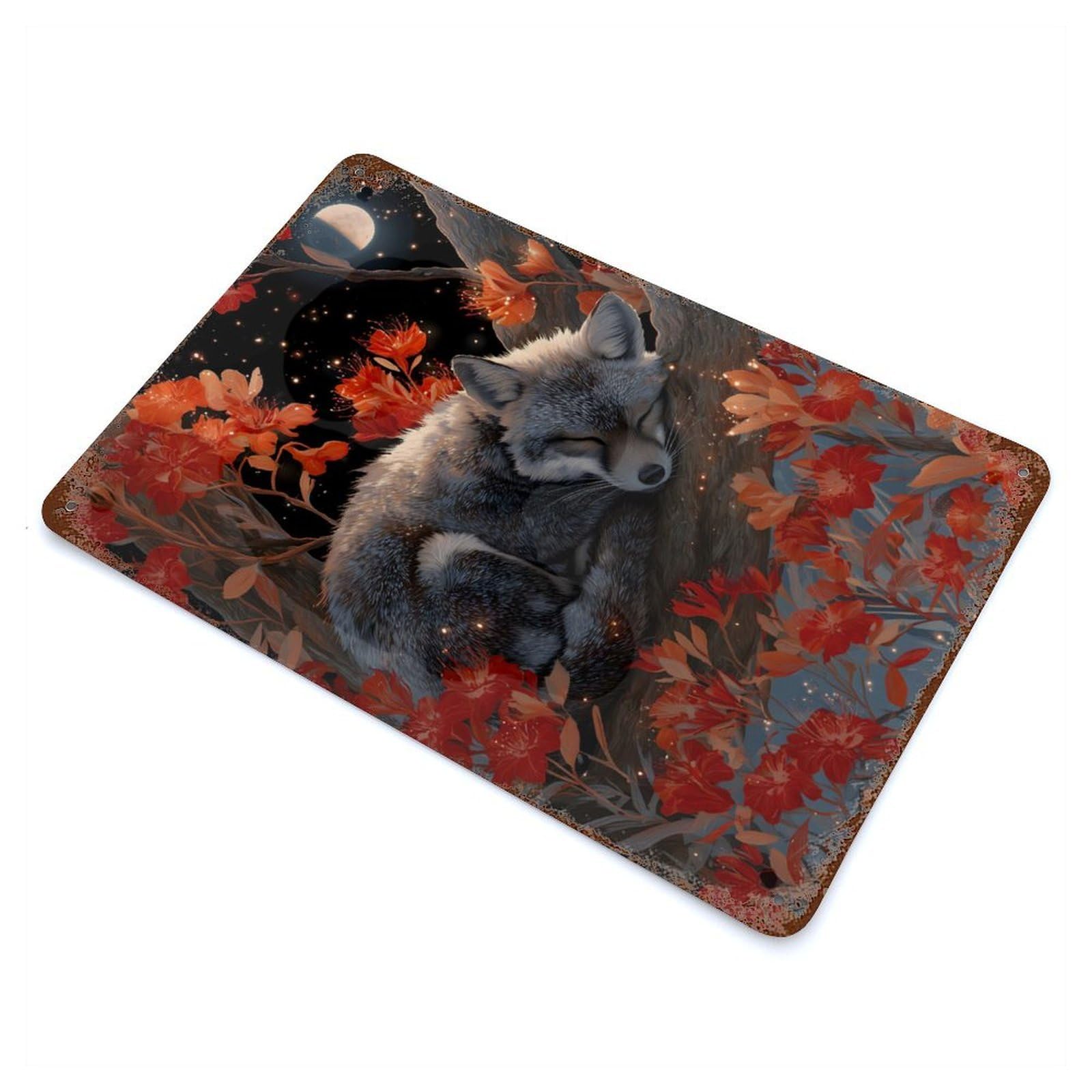 Sleeping Fox in Floral Night Scene 11.8"x7.9" Vintage Rust Metal Sign, Shabby Chic Decor for Garage, Bar And Workshop Decor